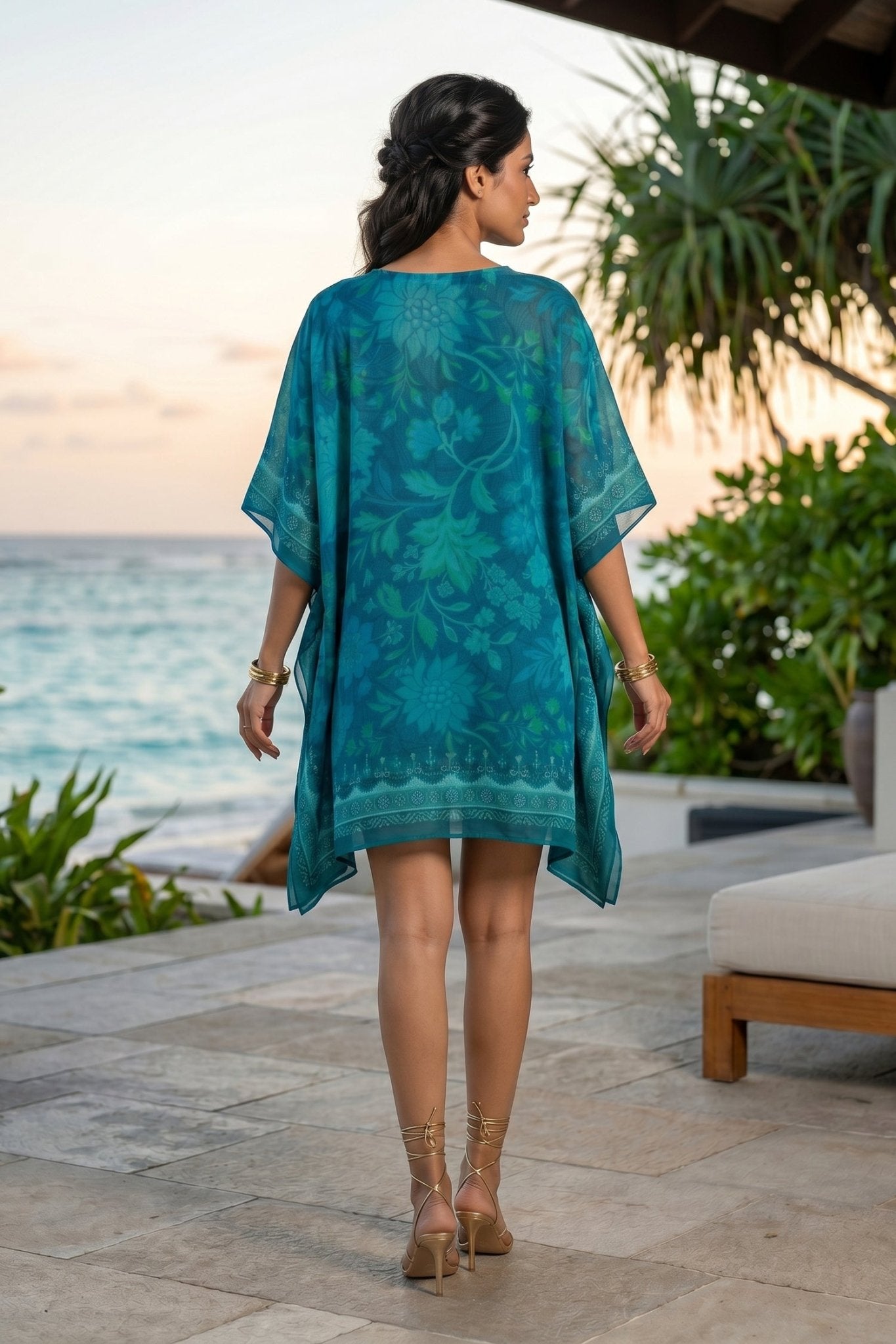 Teal Blue Printed Viscose Short Kaftan - Freyaa USA & Canada