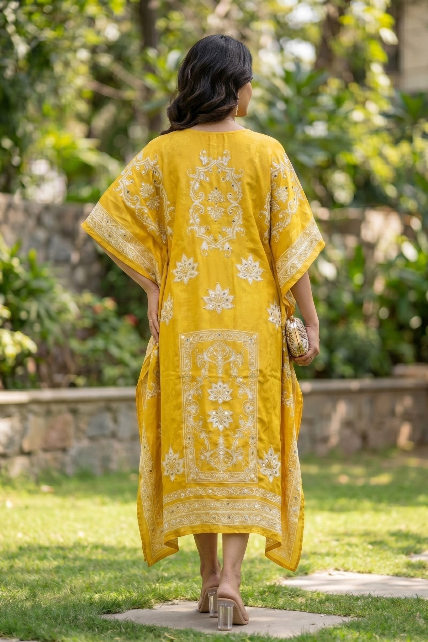 Long Yellow Chinon Silk Kaftan with Digital Print - Freyaa USA & Canada