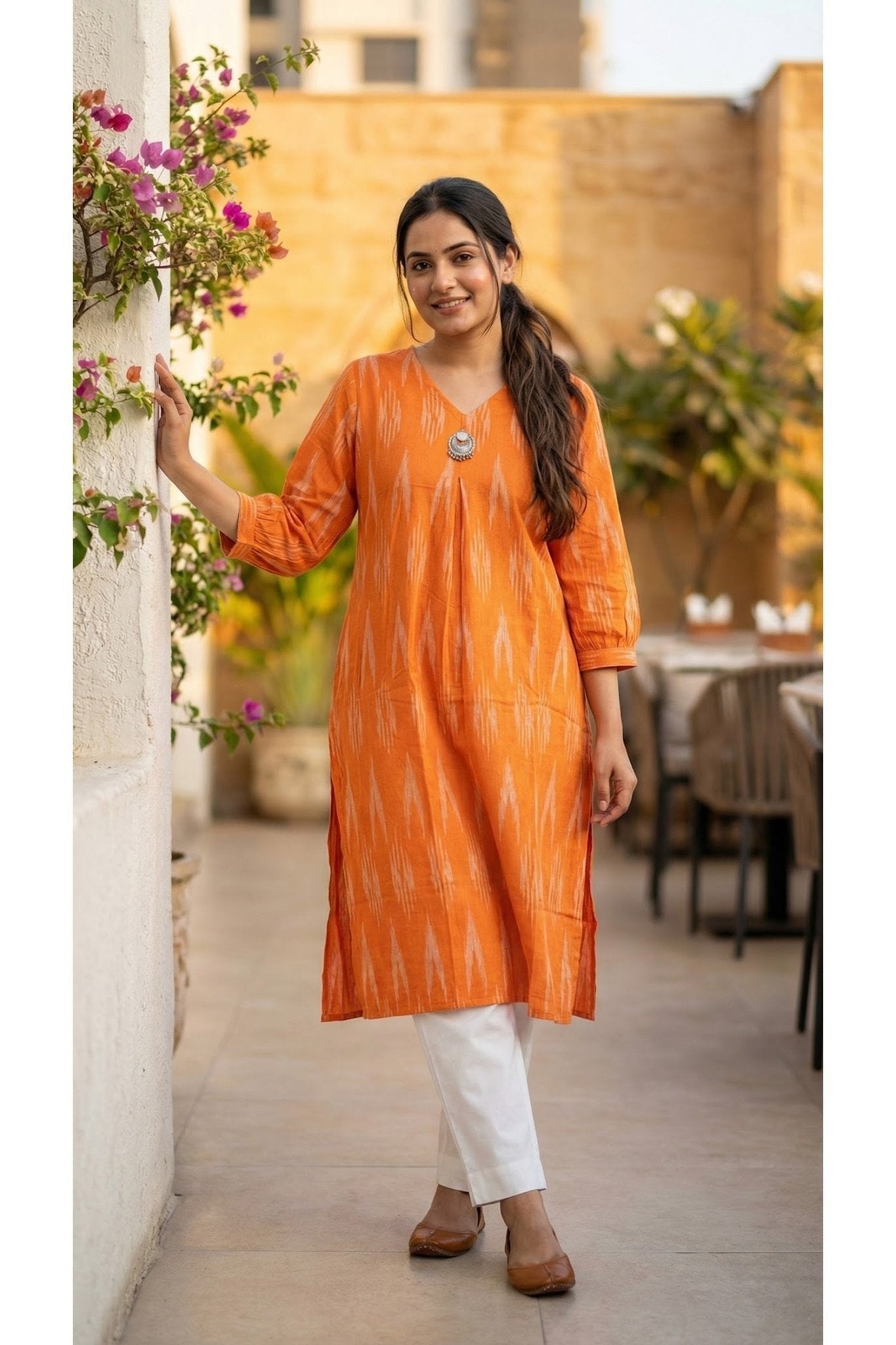 Orange Radiance Printed Cotton Long Kurti - Freyaa USA & Canada