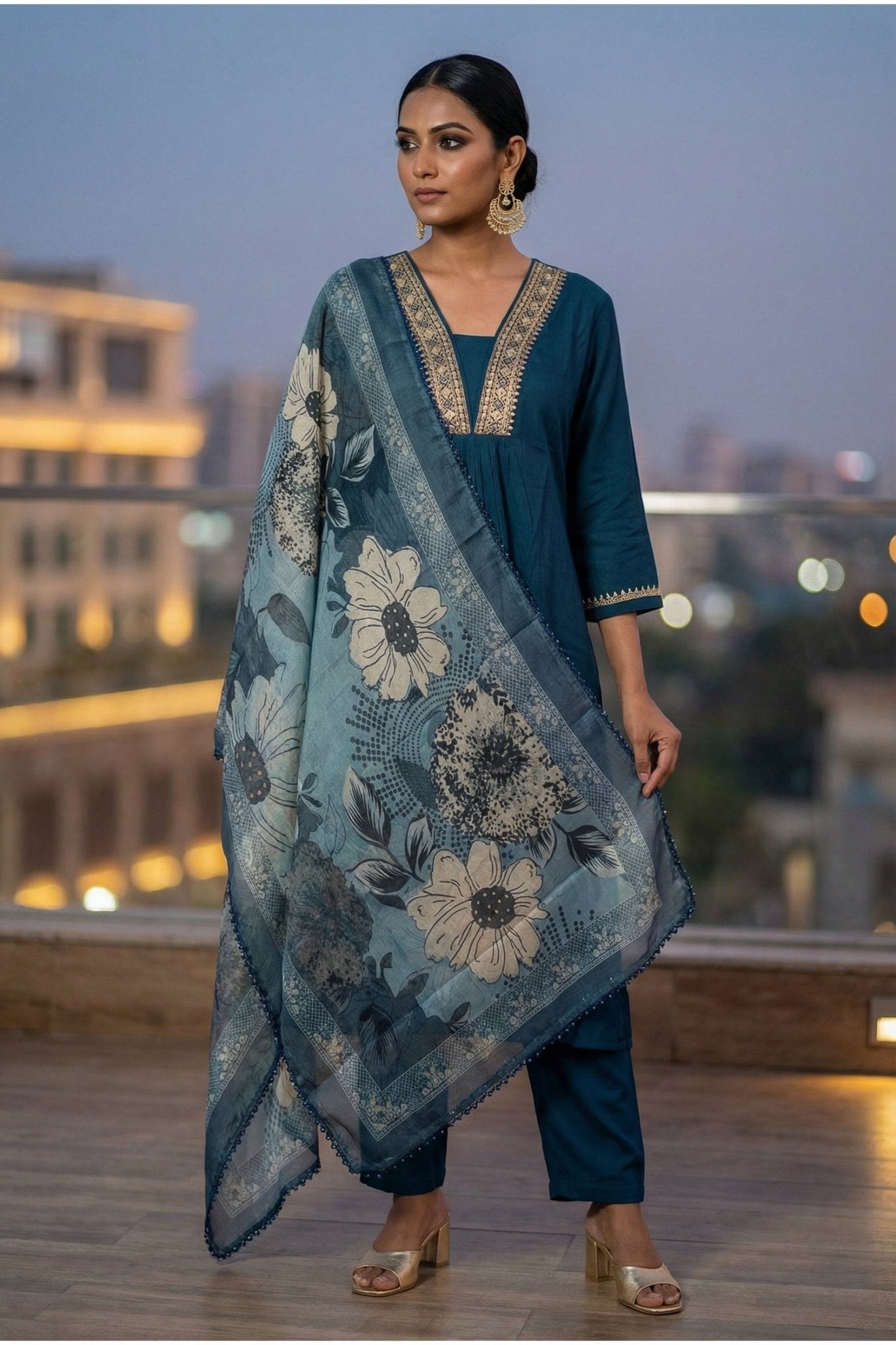 Royal Navy Straight-Cut Suit with Printed Dupatta - Freyaa USA & Canada