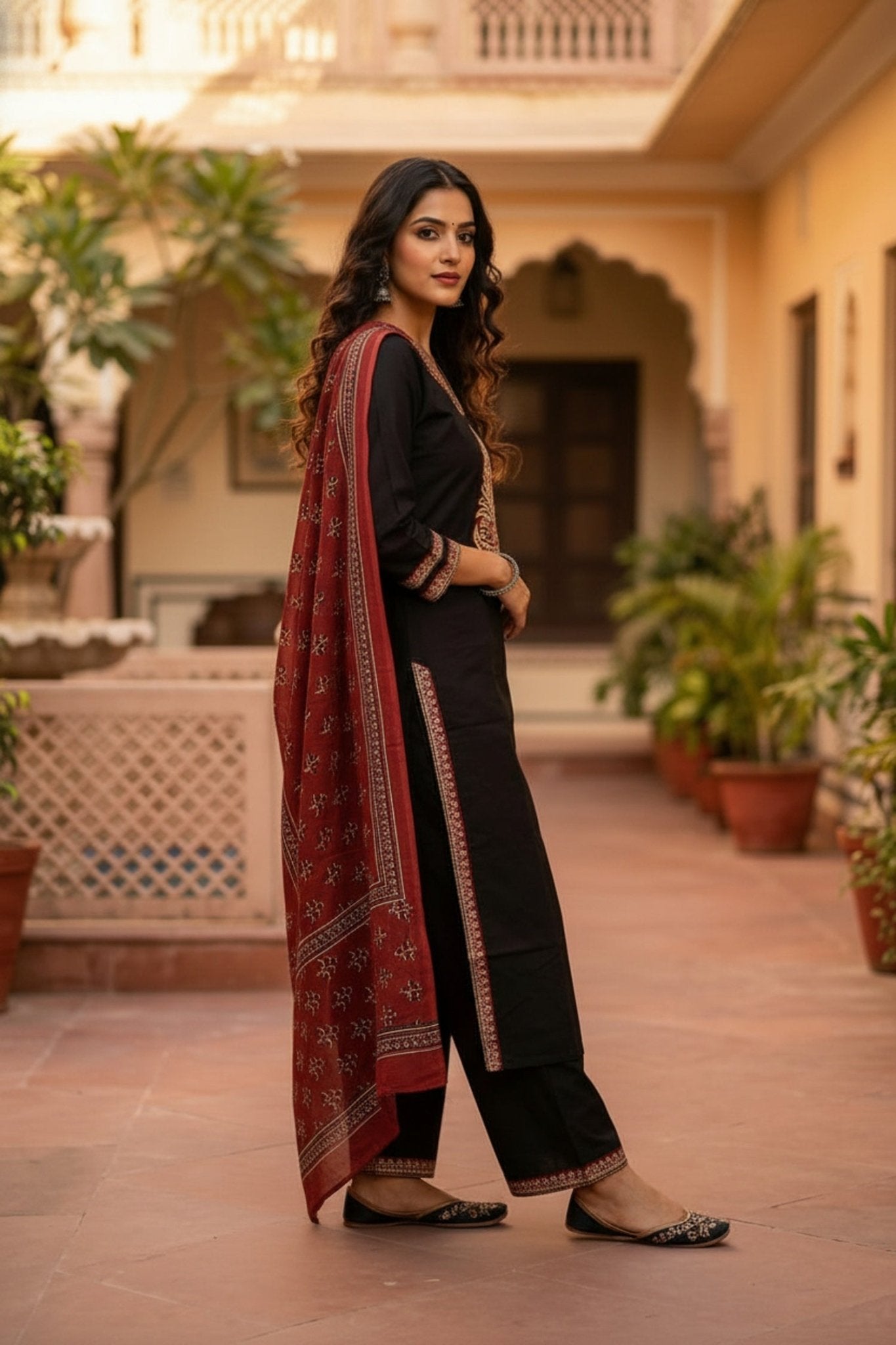 Black Straight-Cut Suit Set with Printed Dupatta - Freyaa USA & Canada