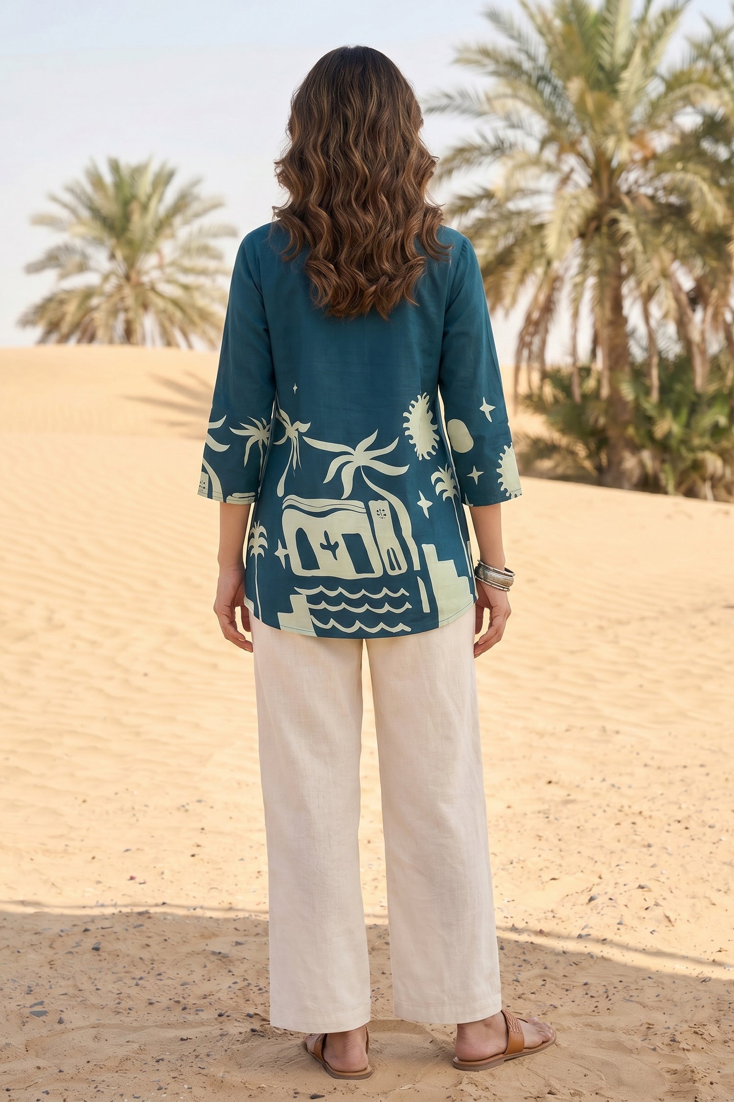 Women's Teal Blue Ethnic Print Russian Silk Shirt Top