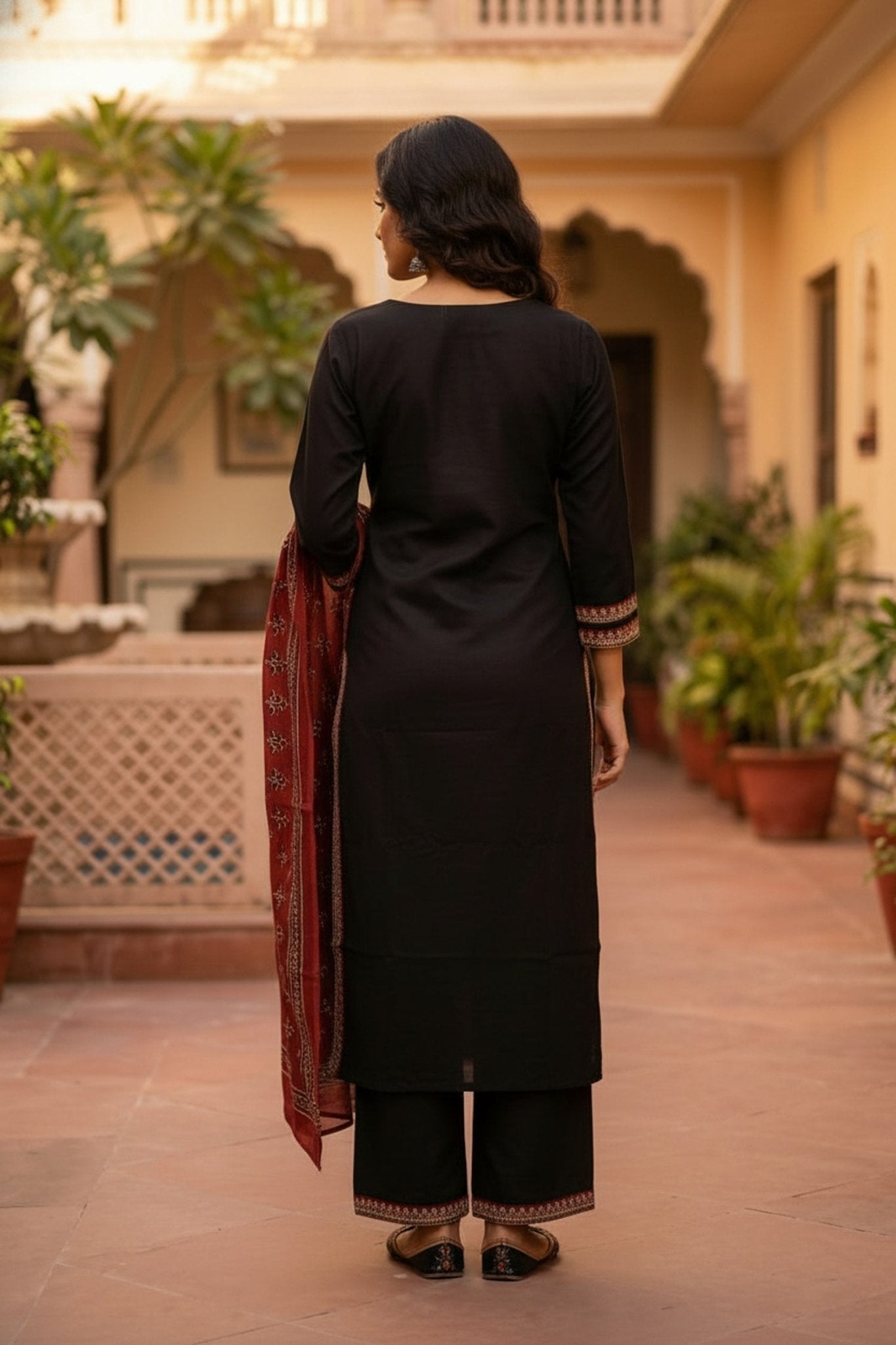 Black Straight-Cut Suit Set with Printed Dupatta - Freyaa USA & Canada