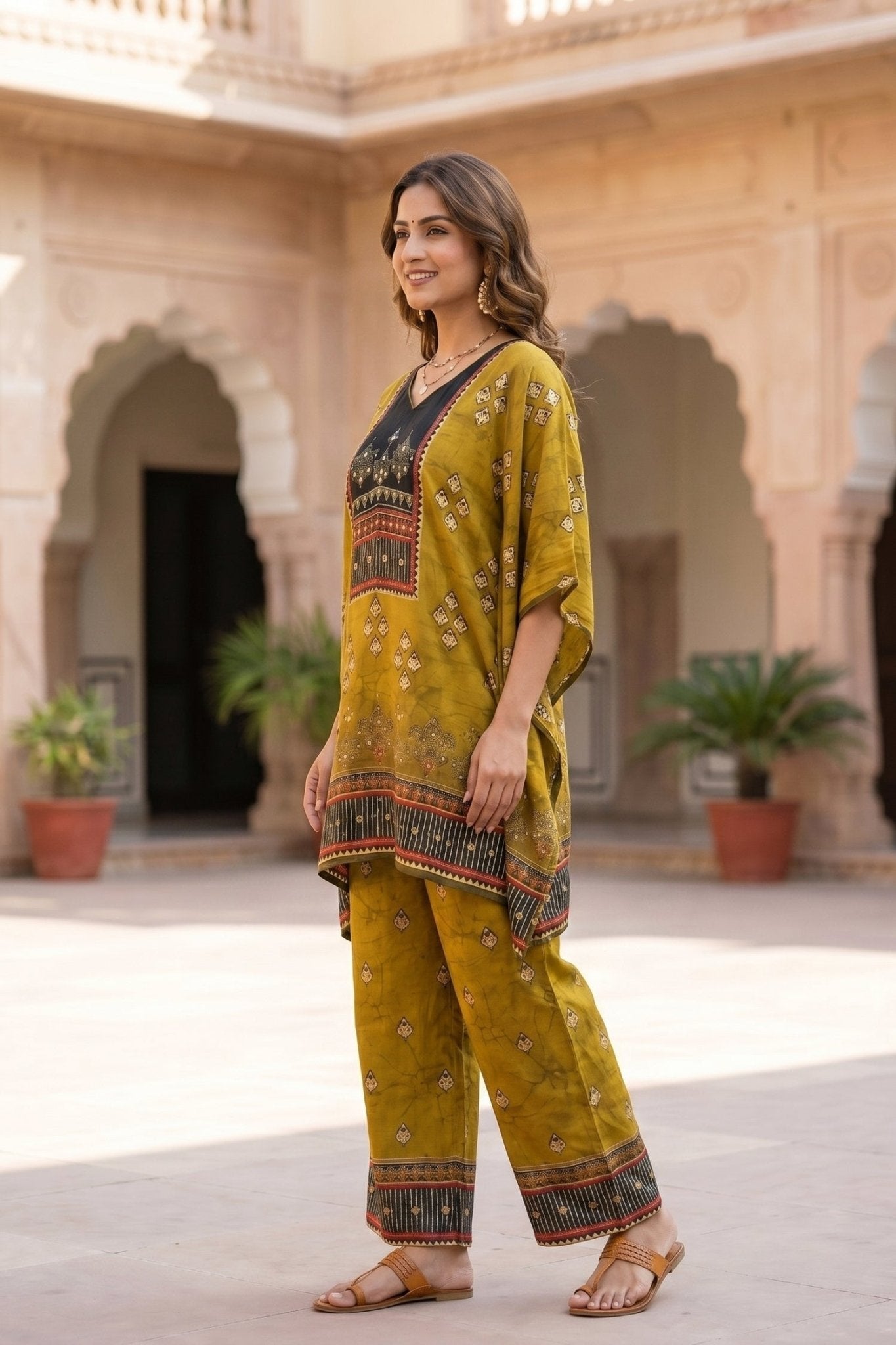 Rich Yellow Kaftan Cord Set in Chinon Silk - Freyaa USA & Canada