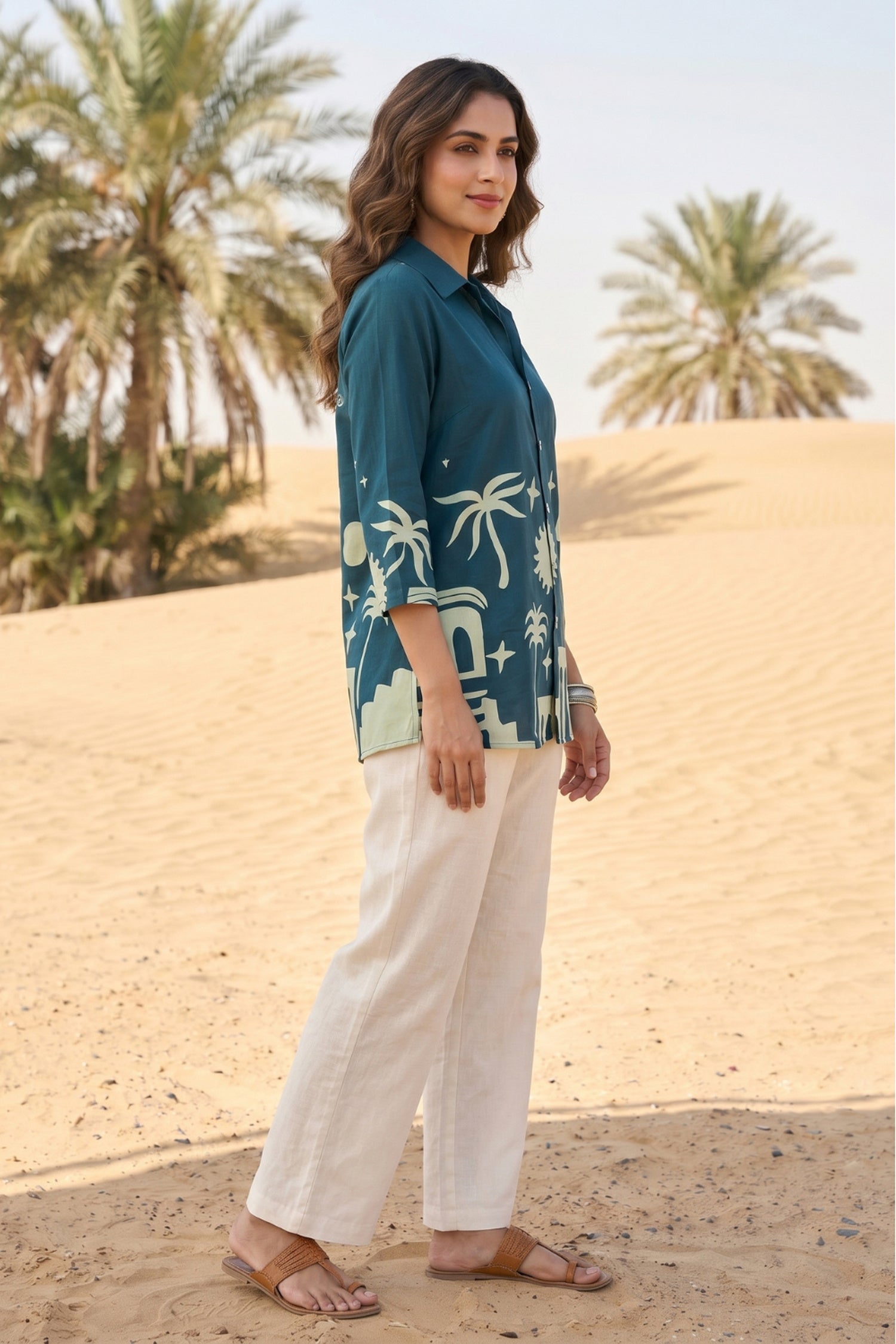 Women's Teal Blue Ethnic Print Russian Silk Shirt Top