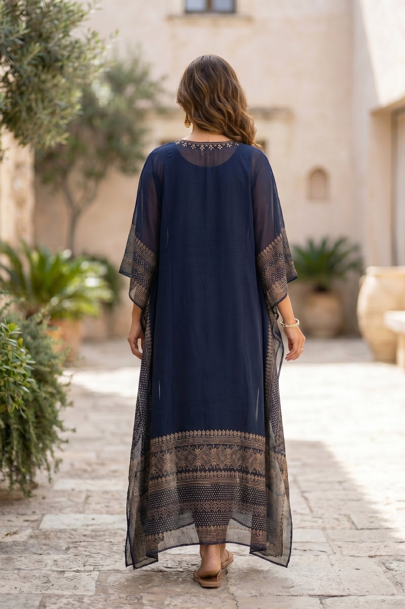 Gold Hand Embroidery Navy Blue Kaftan. - Freyaa USA & Canada