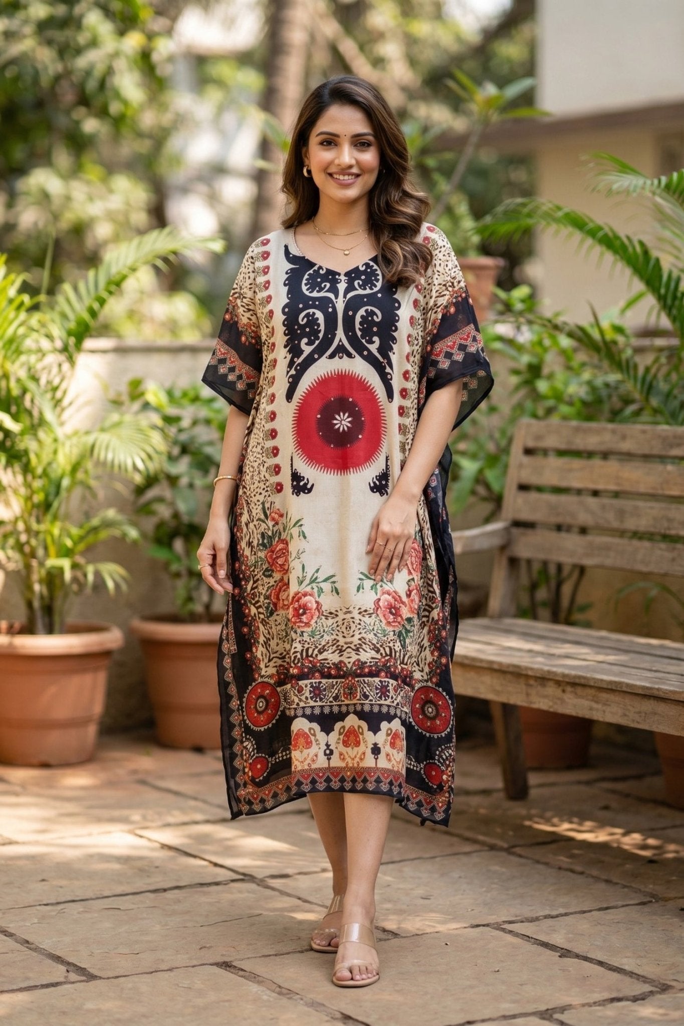 Ethnic Floral Print Long Kaftan Dress - Freyaa USA & Canada
