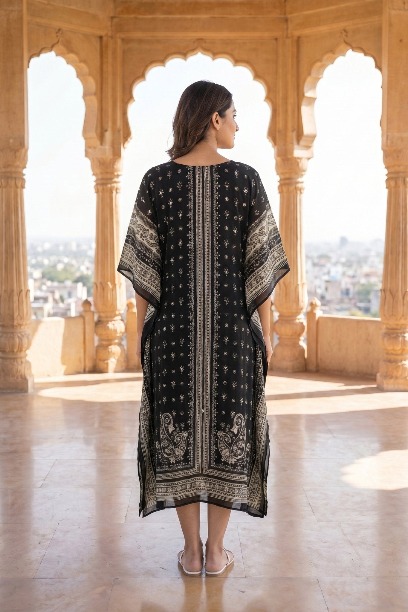 Black & White Printed Chinon Silk Long Kaftan - Freyaa USA & Canada