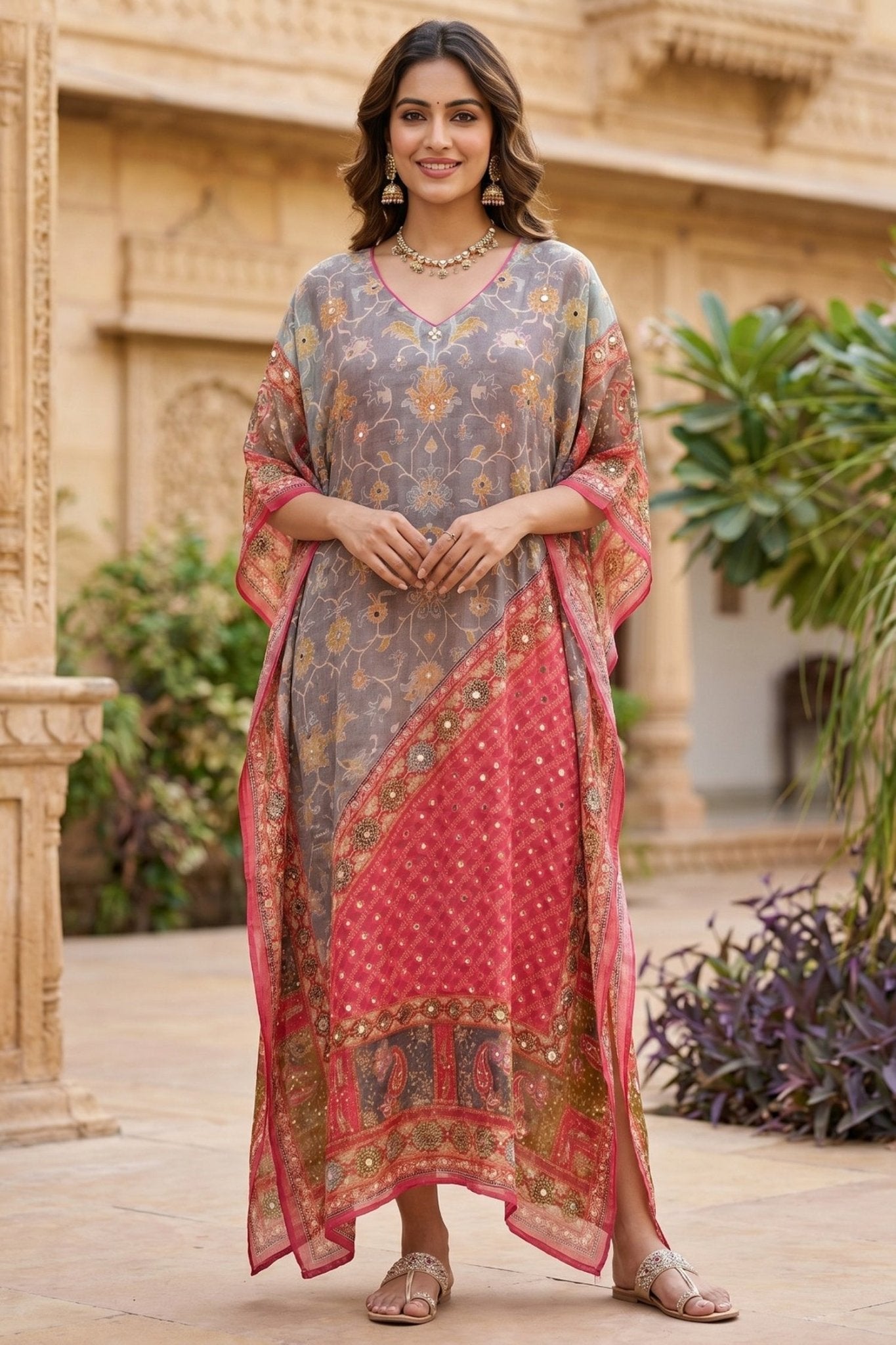 Mono Floral Printed Long Kaftan - Freyaa USA & Canada