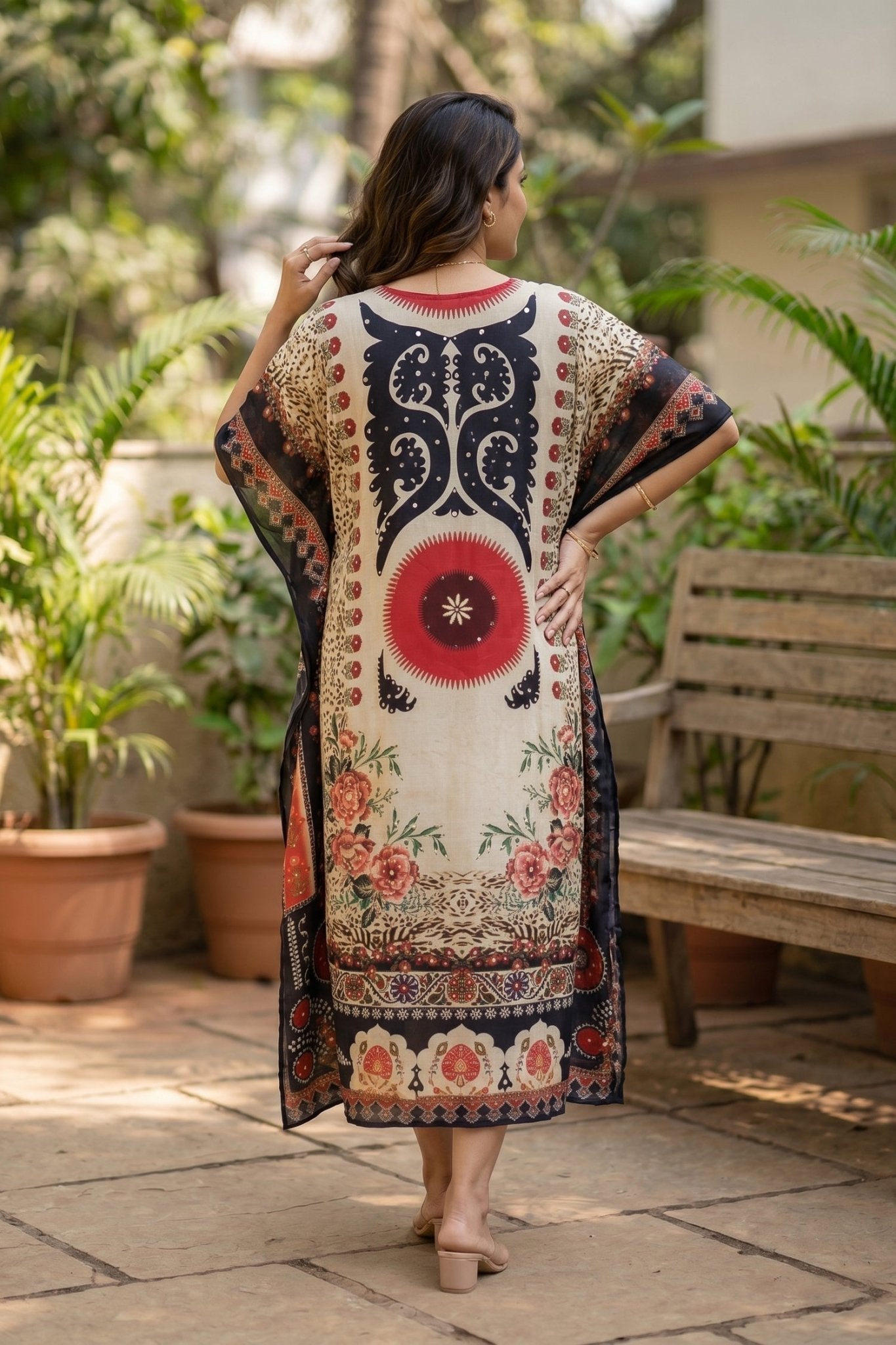 Ethnic Floral Print Long Kaftan Dress - Freyaa USA & Canada