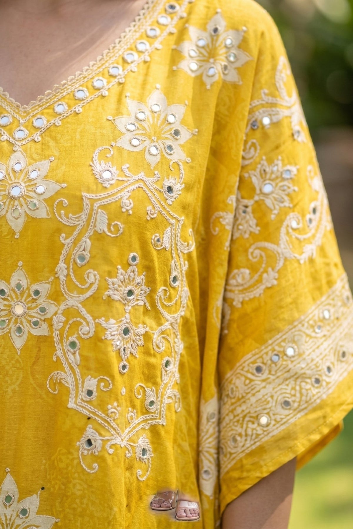 Long Yellow Chinon Silk Kaftan with Digital Print - Freyaa USA & Canada