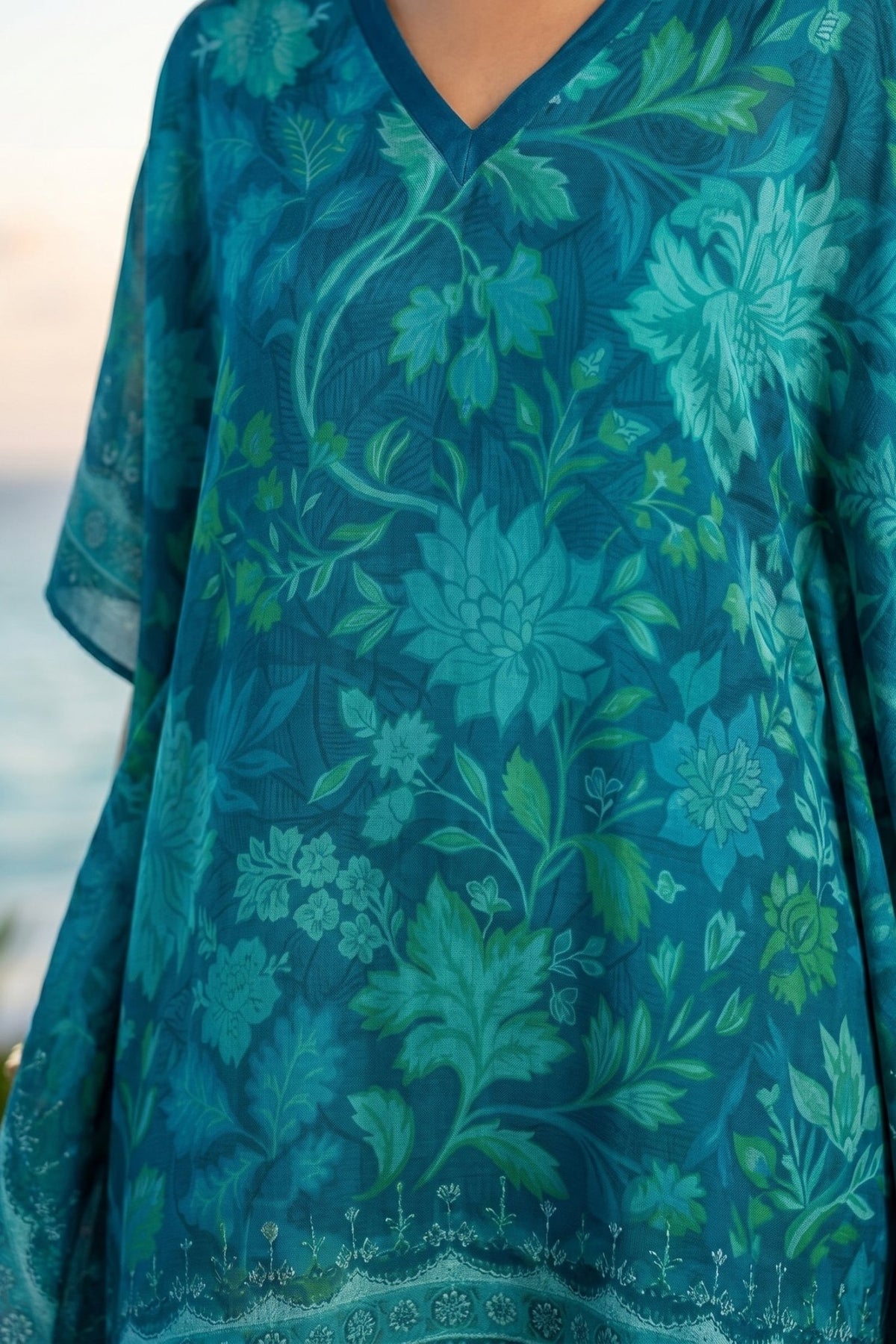 Teal Blue Printed Viscose Short Kaftan - Freyaa USA & Canada