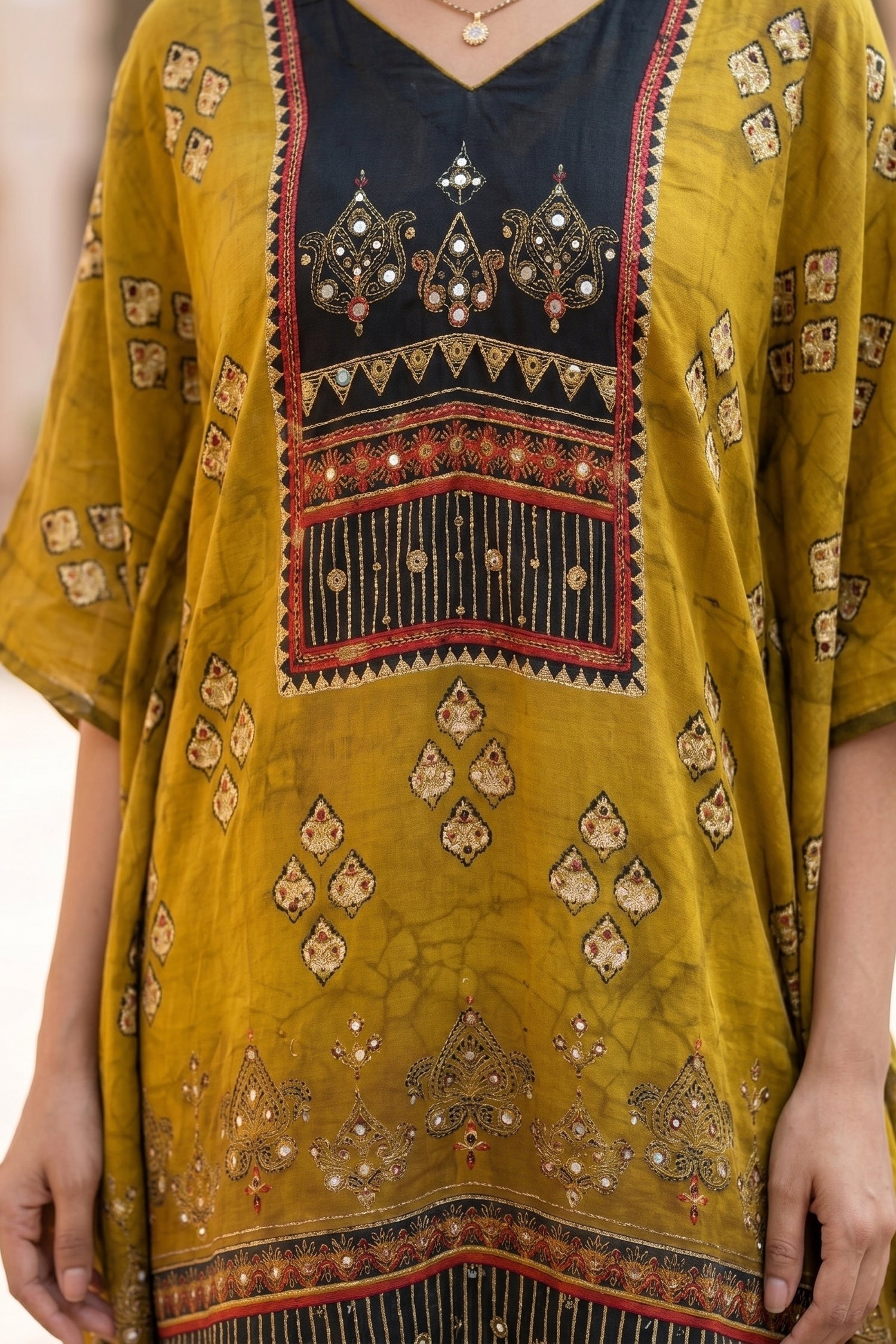 Rich Yellow Kaftan Cord Set in Chinon Silk