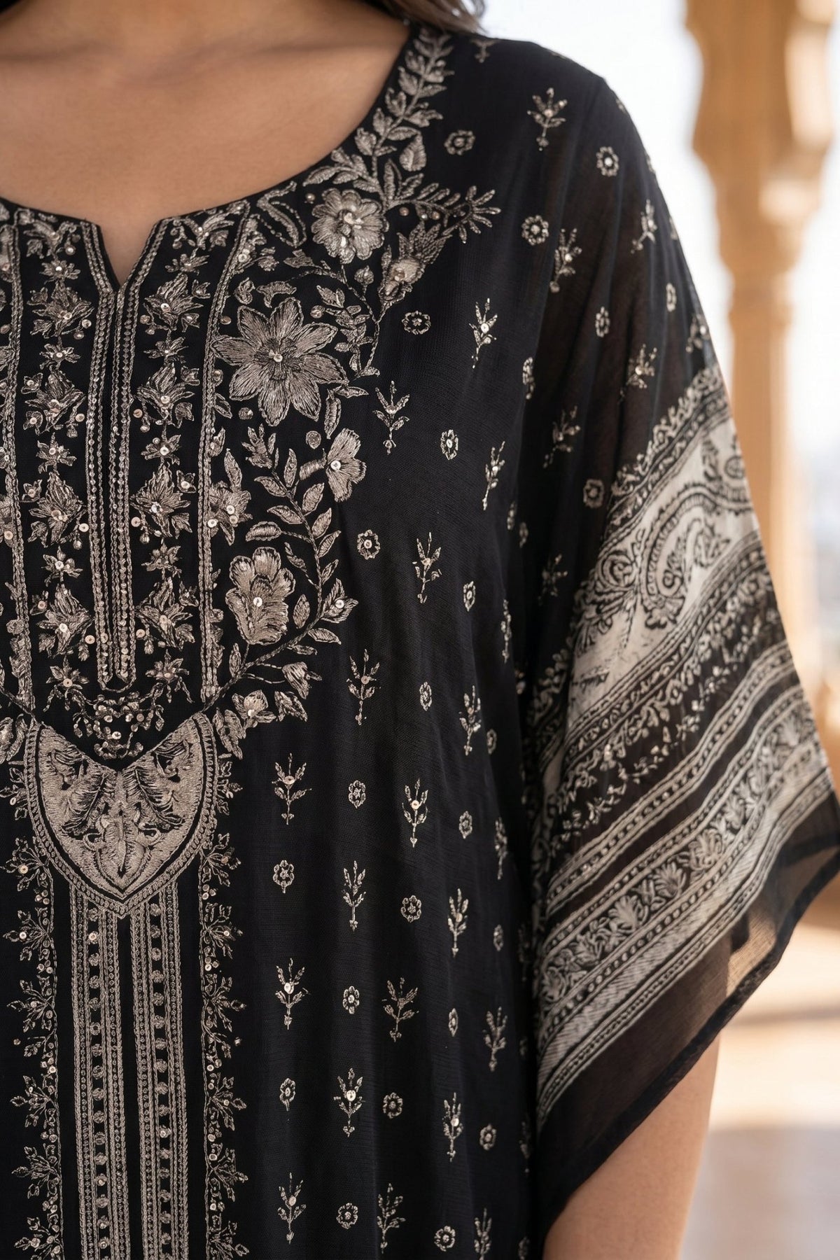 Black & White Printed Chinon Silk Long Kaftan - Freyaa USA & Canada