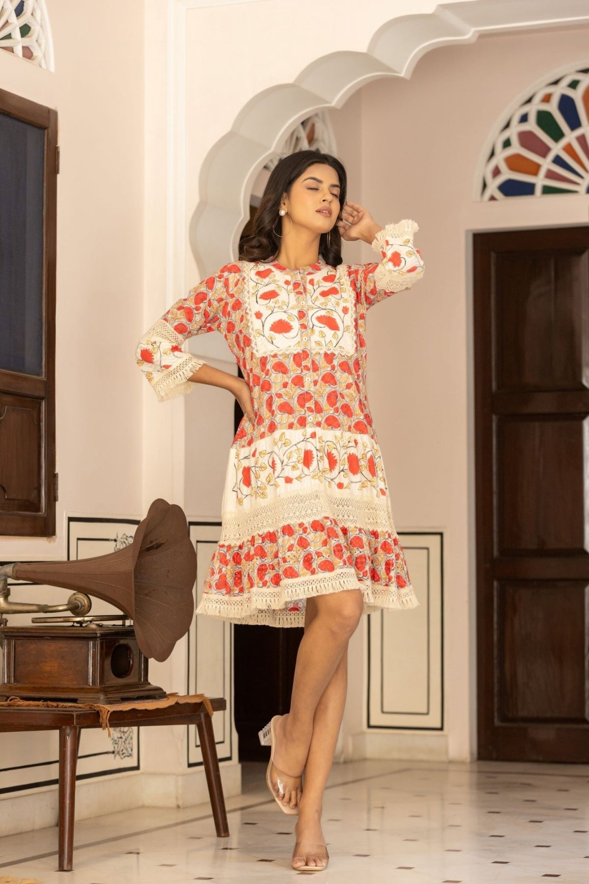 FREYAA Cream Cotton Round-Neck Tunic with Floral Design - Freyaa USA & Canada