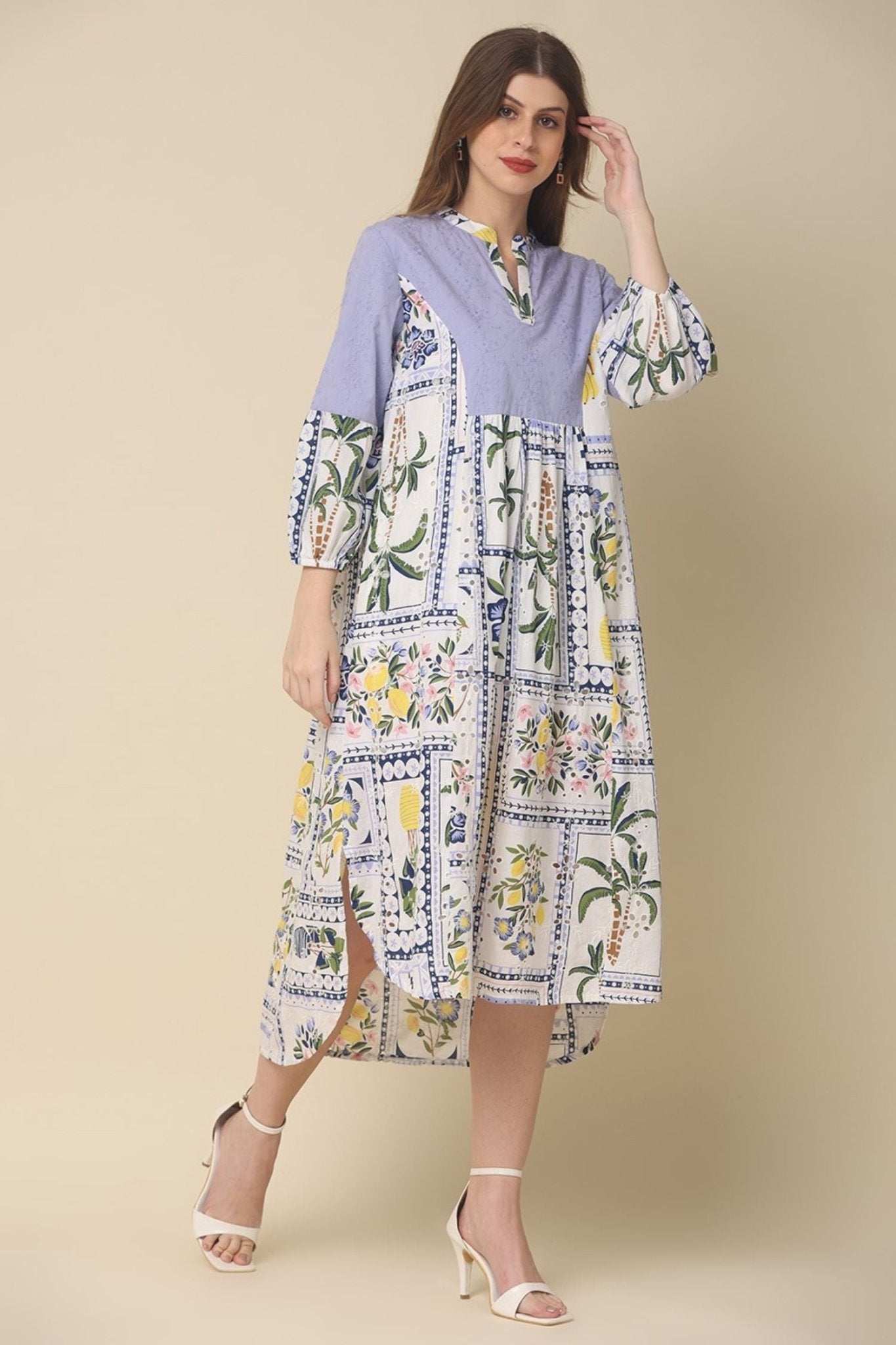 off-white cotton dress with printed designs - Freyaa USA & Canada