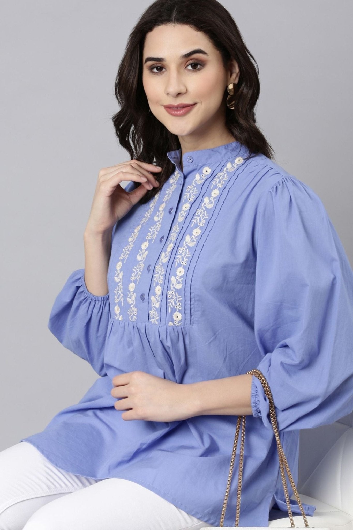 Blue Breeze Embroidered Cotton Top with Elegant Neck - Freyaa USA & Canada