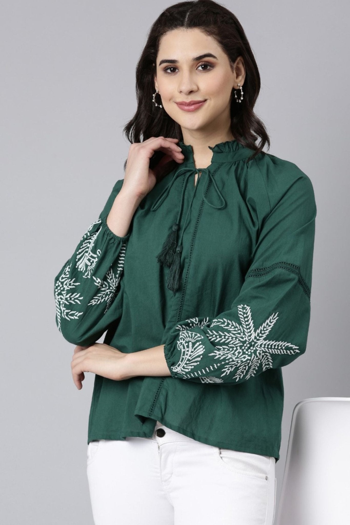 Dark Green Allure Top with Stunning Detailing - Freyaa USA & Canada