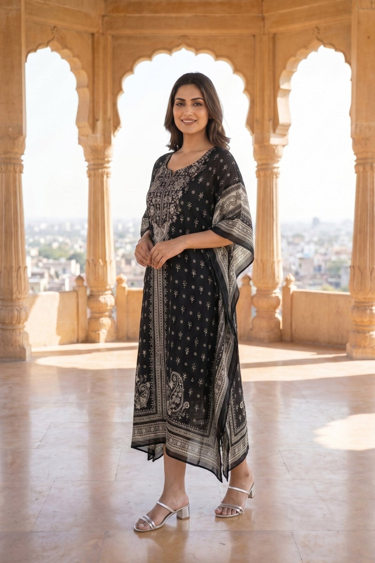 Black & White Printed Chinon Silk Long Kaftan - Freyaa USA & Canada