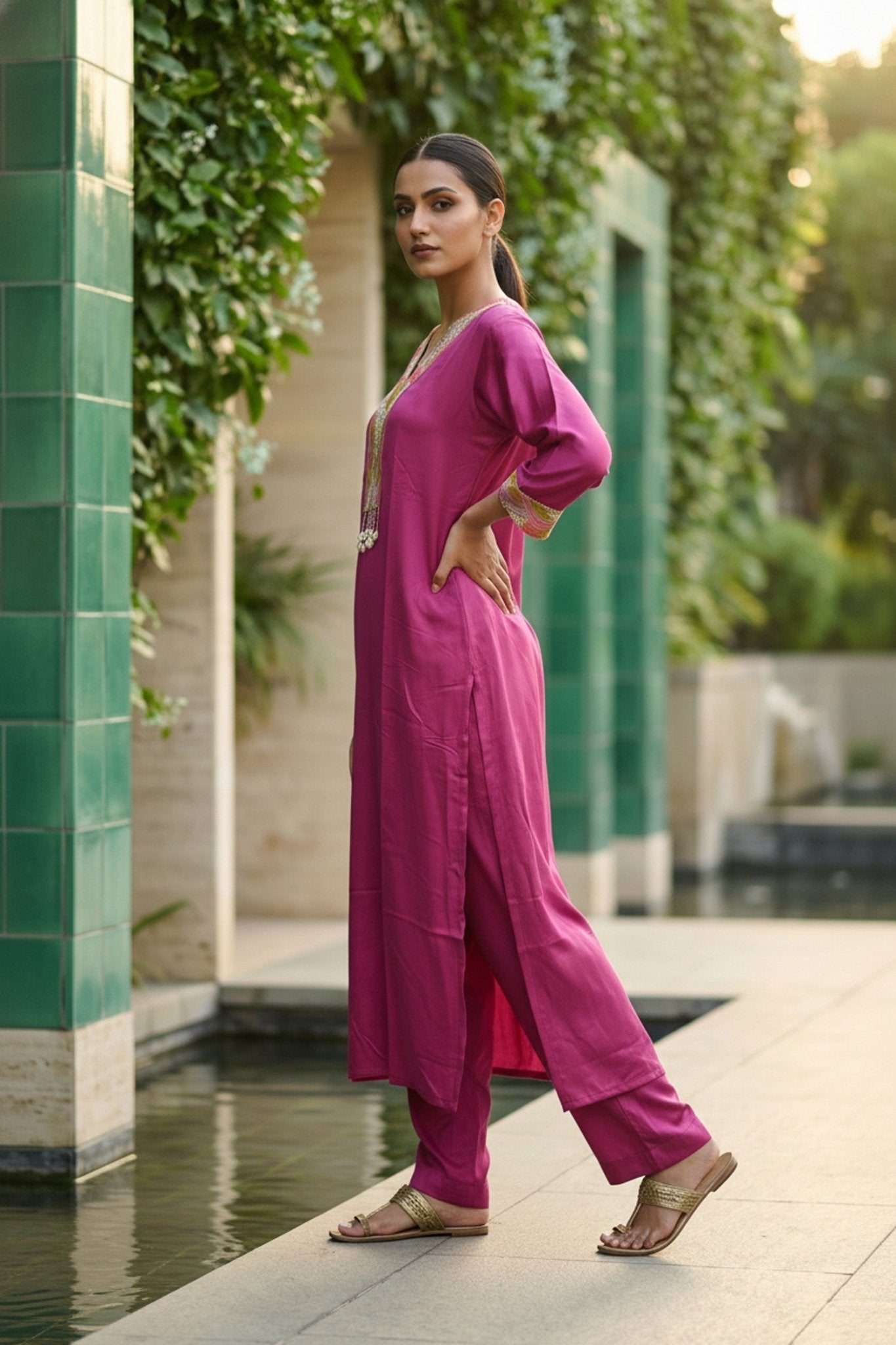 Pink Printed Cotton Co-ord Set with Embroidery - Freyaa USA & Canada