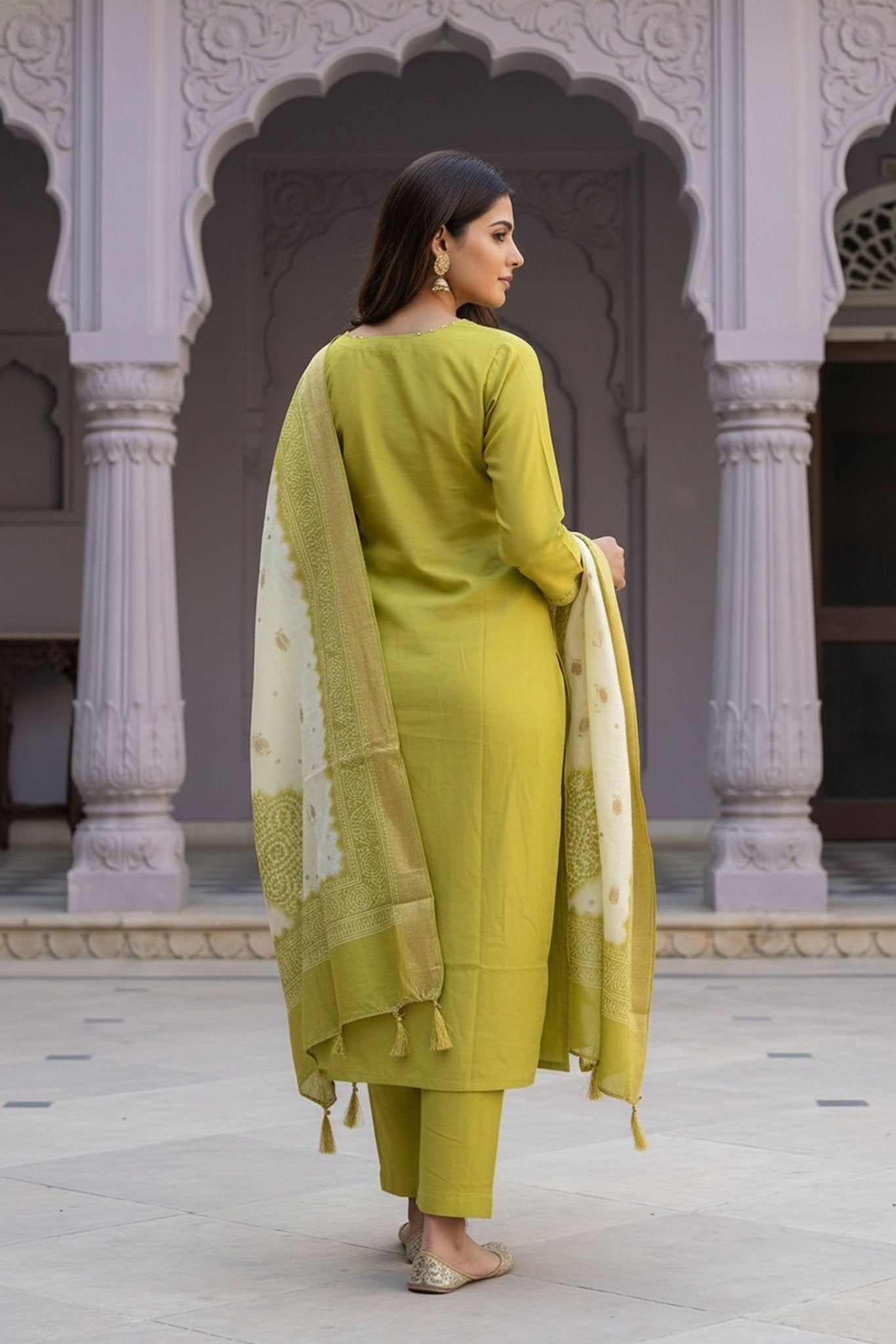 Green Straight-Cut Three Piece Suit with Embroidered Kurta Patch & Work Dupatta - Freyaa USA & Canada