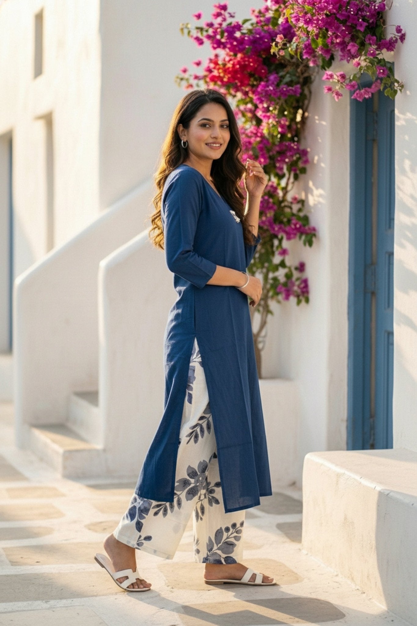 Blue Elegance Cotton Cord Set with Printed Pants - Freyaa USA & Canada