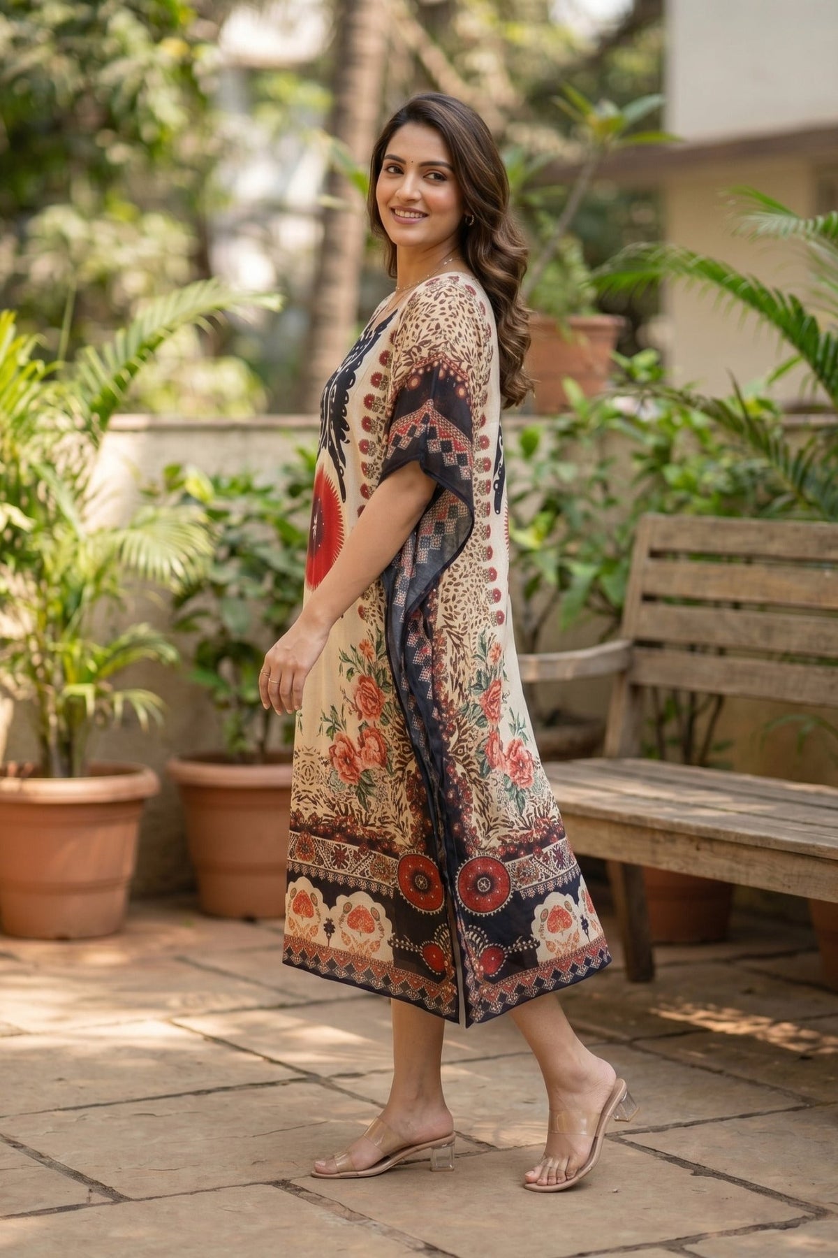 Ethnic Floral Print Long Kaftan Dress - Freyaa USA & Canada