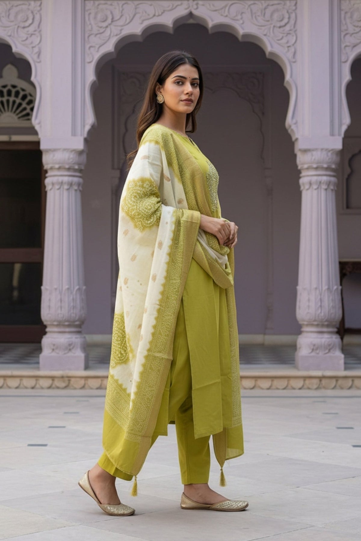 Green Straight-Cut Three Piece Suit with Embroidered Kurta Patch & Work Dupatta - Freyaa USA & Canada
