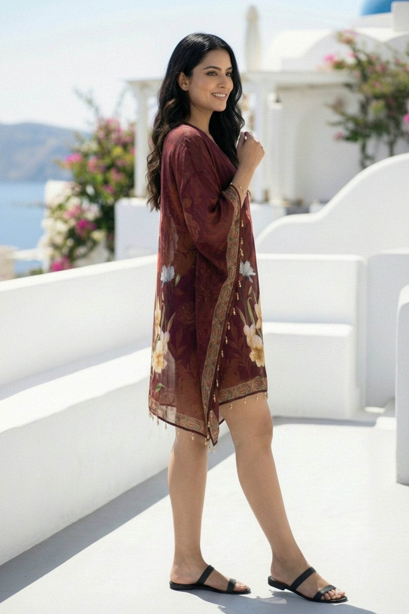 Maroon Floral Charm Short Kaftan - Freyaa USA & Canada