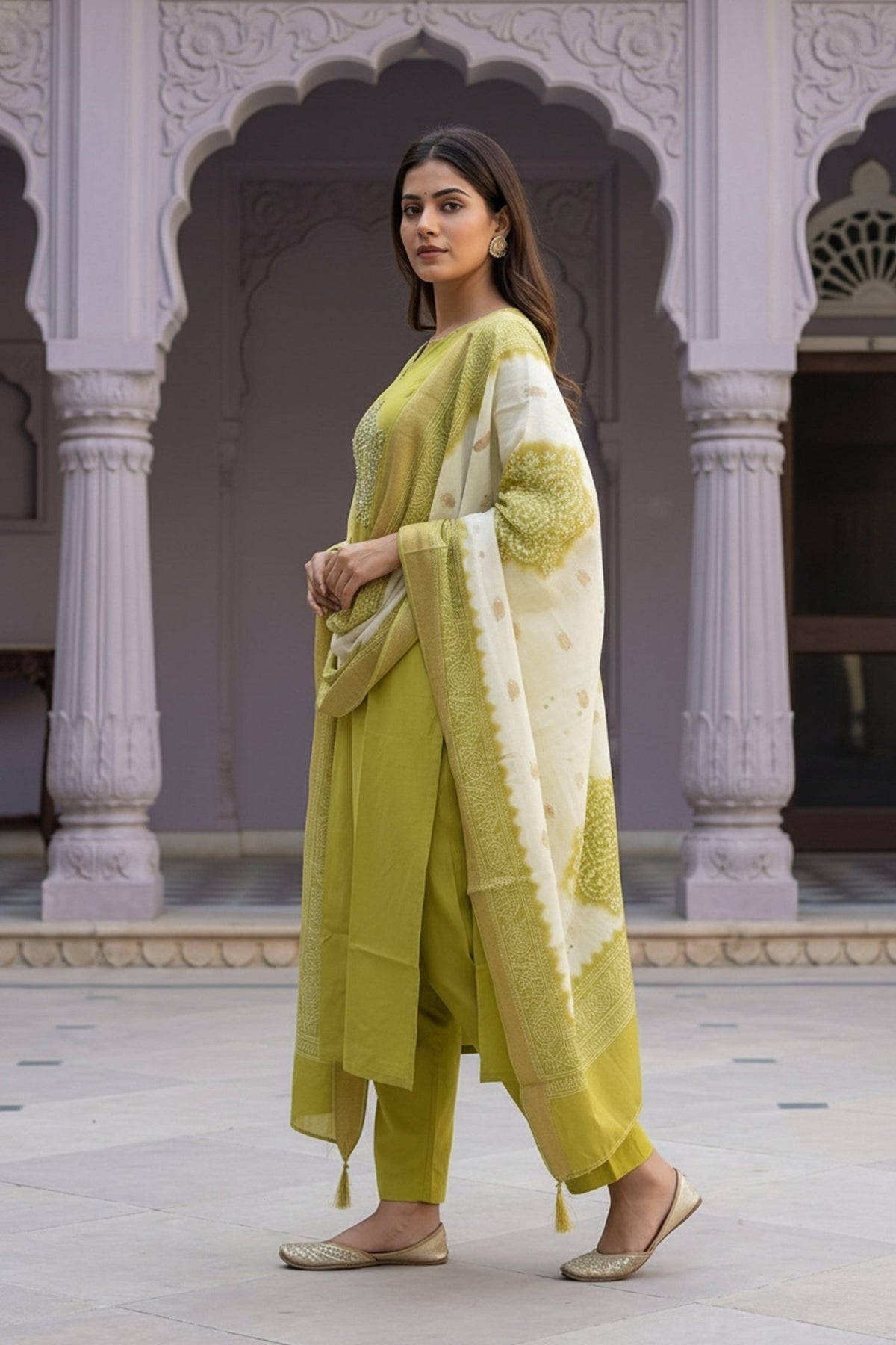Green Straight-Cut Three Piece Suit with Embroidered Kurta Patch & Work Dupatta - Freyaa USA & Canada