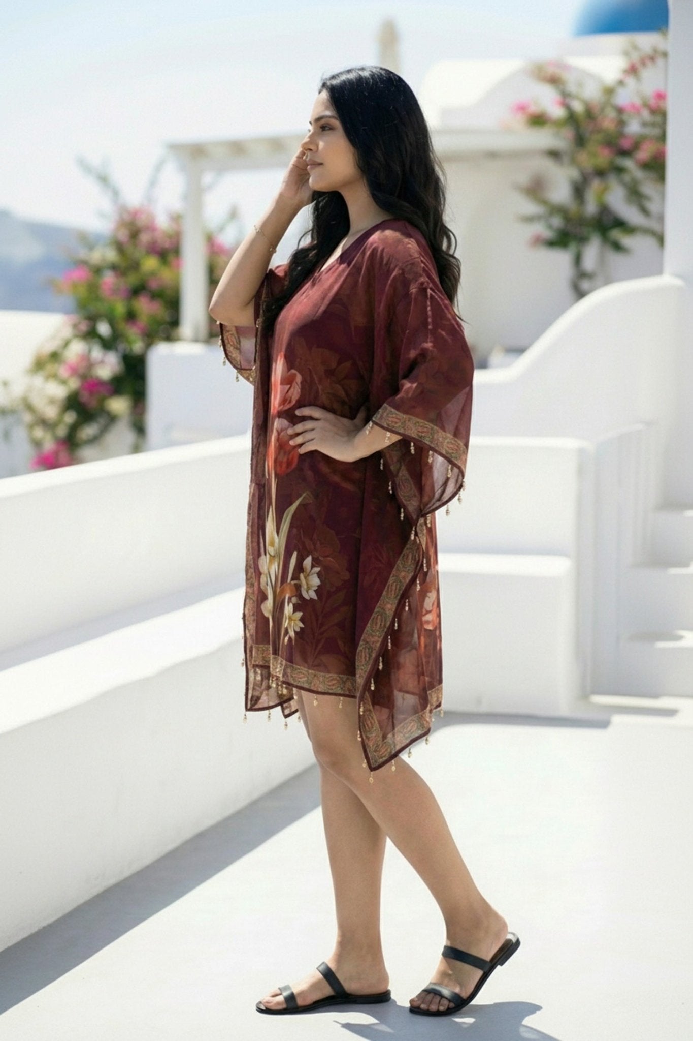 Maroon Floral Charm Short Kaftan - Freyaa USA & Canada