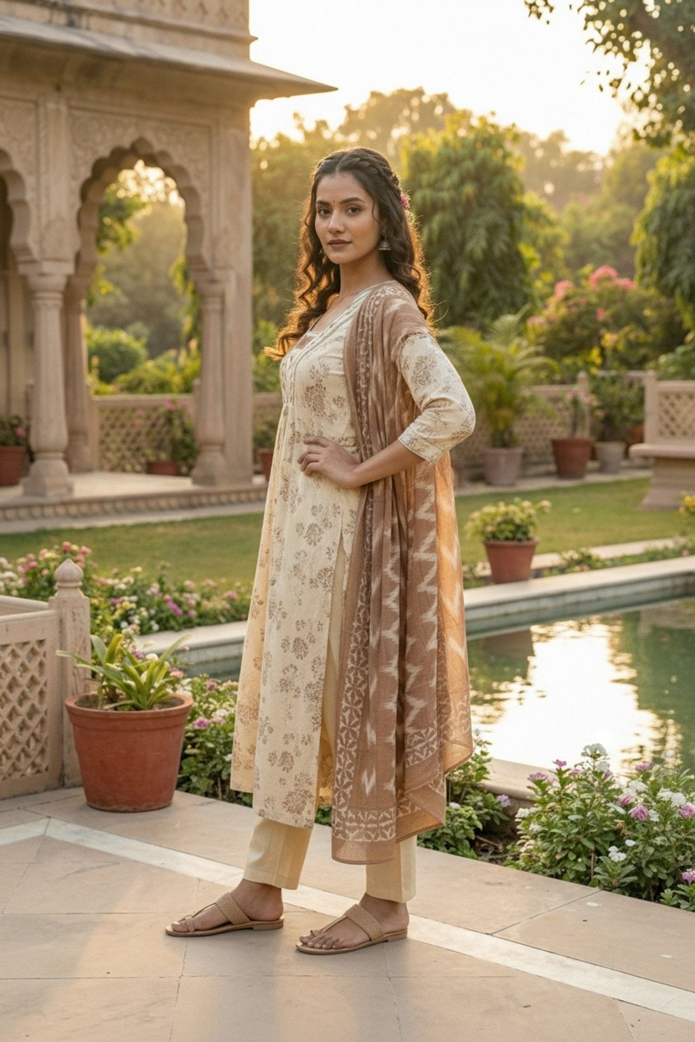 Off-White Elegance Kurta Set with Brown Dupatta - Freyaa USA & Canada