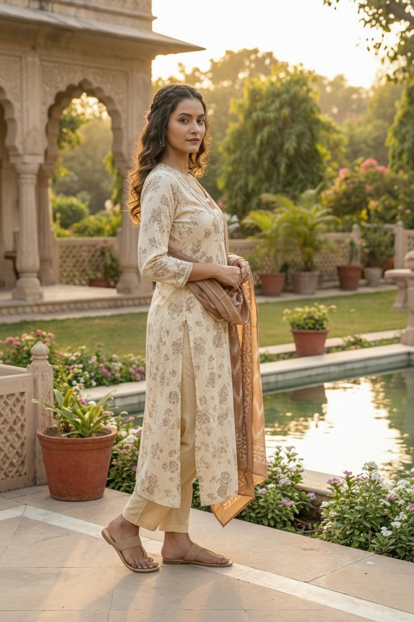 Off-White Elegance Kurta Set with Brown Dupatta - Freyaa USA & Canada