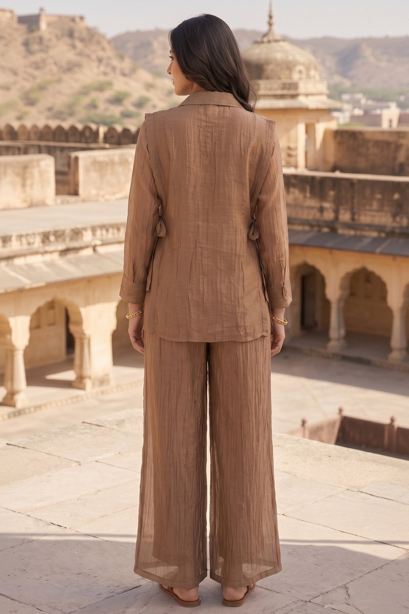 Brown Graceful Tissue intricate Embroidered Jacket Chinon Cord Set - Freyaa USA & Canada