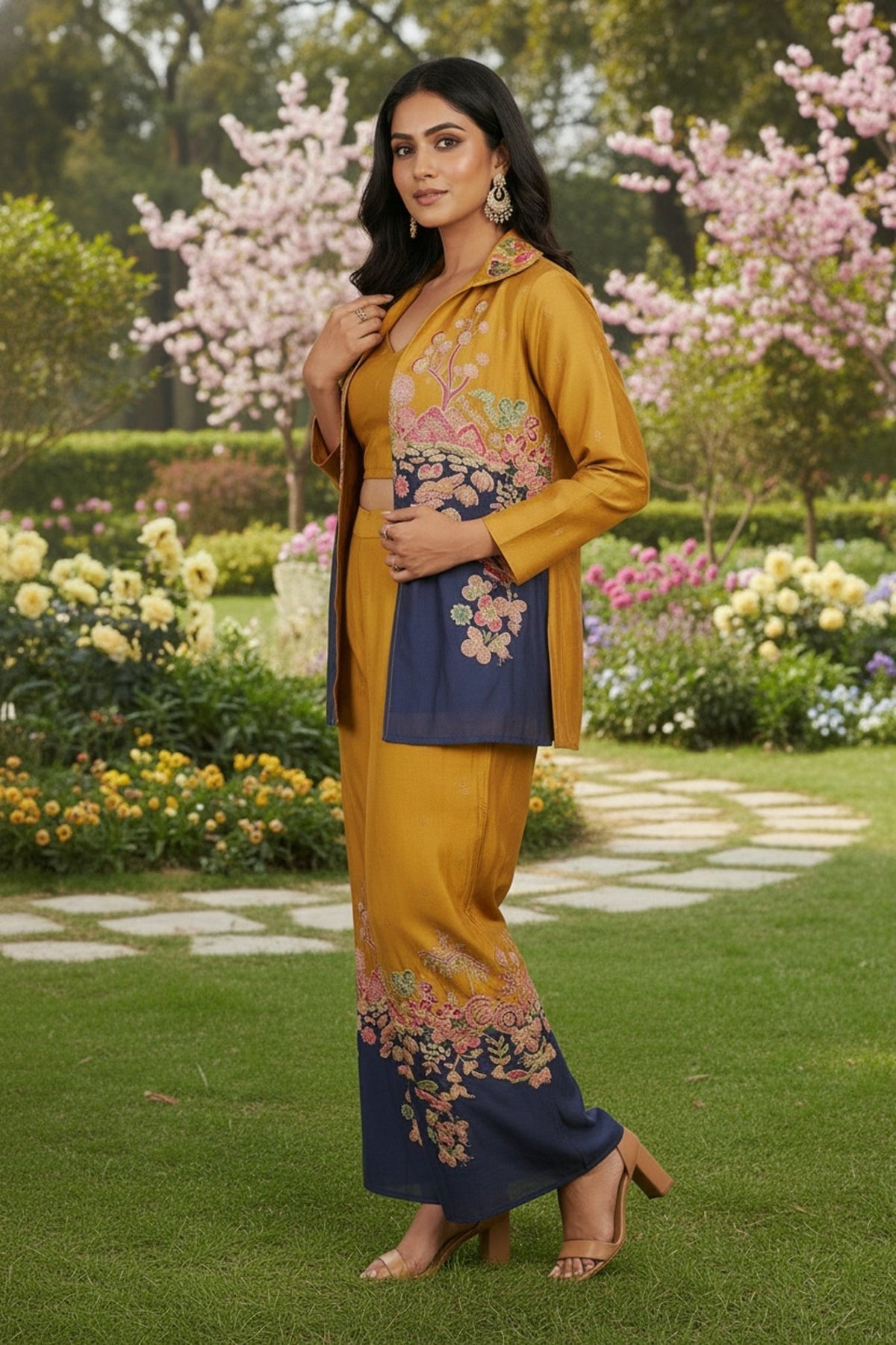 Yellow Embroidered Jacket Cord Set - Freyaa USA & Canada