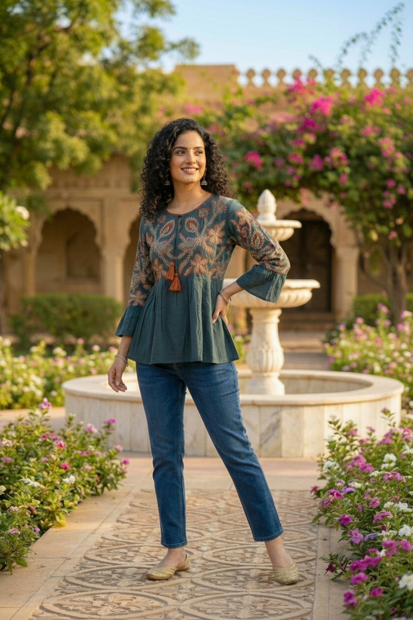Blue Cotton Top with Thread Embroidery - Freyaa USA & Canada
