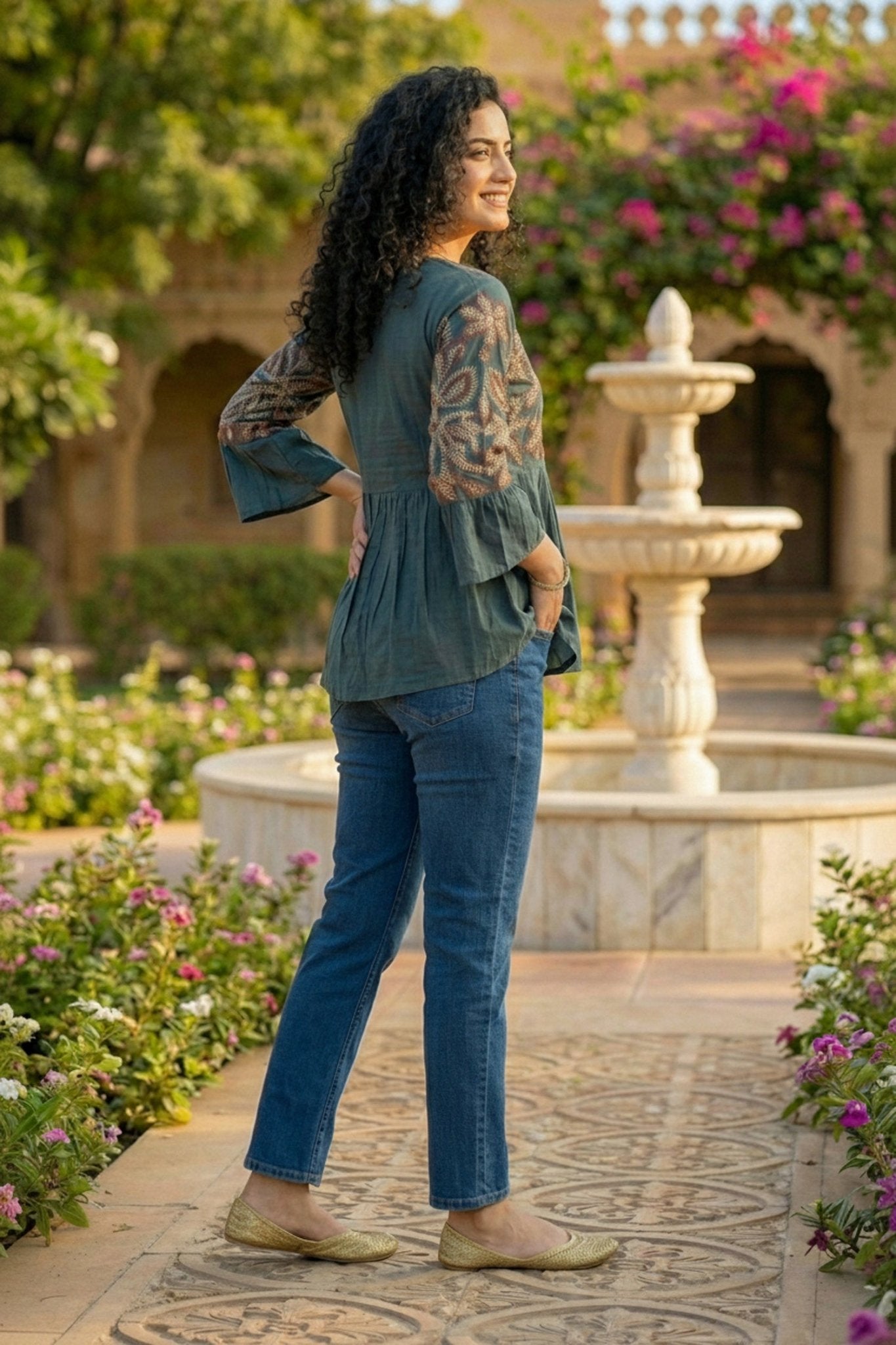Blue Cotton Top with Thread Embroidery - Freyaa USA & Canada