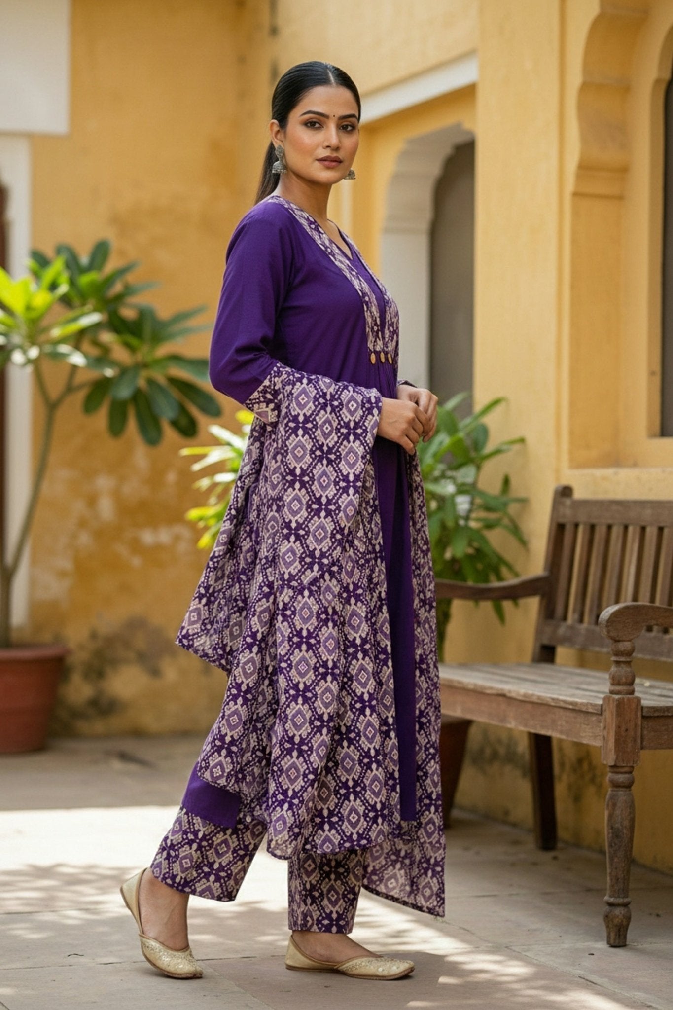 Purple Cotton Three Piece Suit Set - Freyaa USA & Canada
