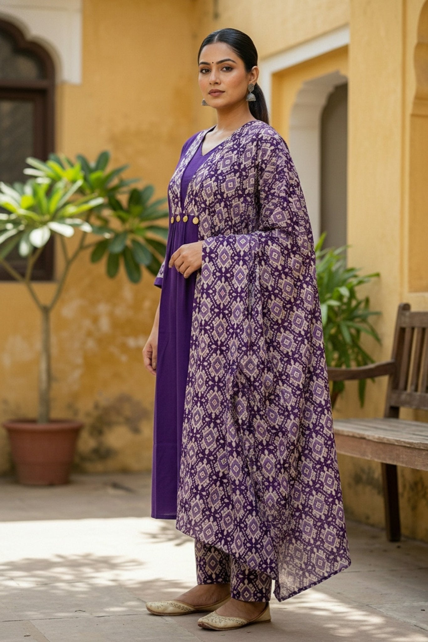 Purple Cotton Three Piece Suit Set - Freyaa USA & Canada