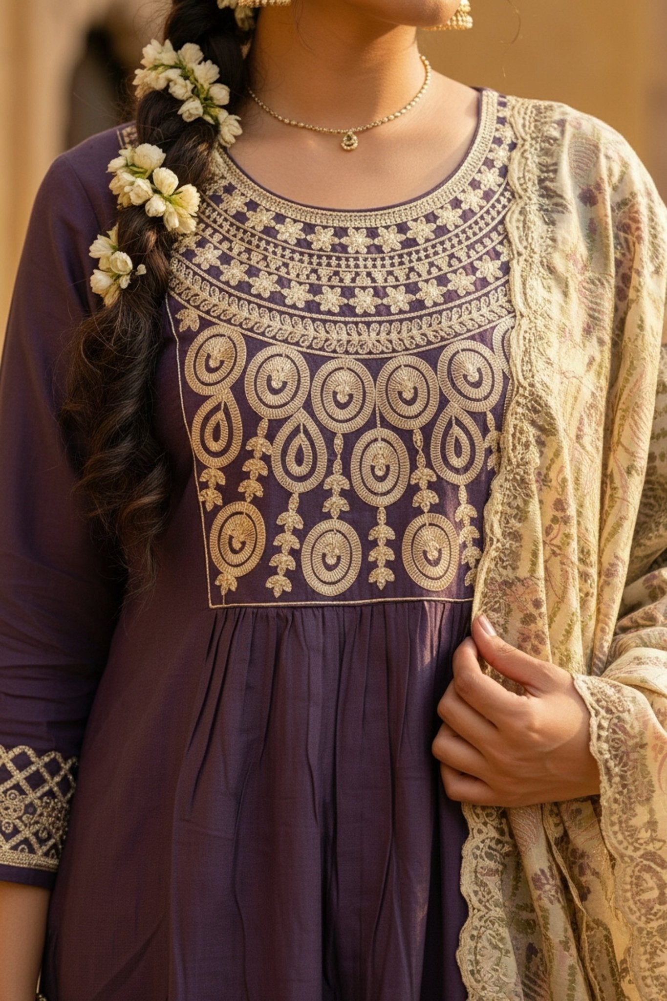 Lavender Embroidered Kurta Set with Tissue Dupatta - Freyaa USA & Canada