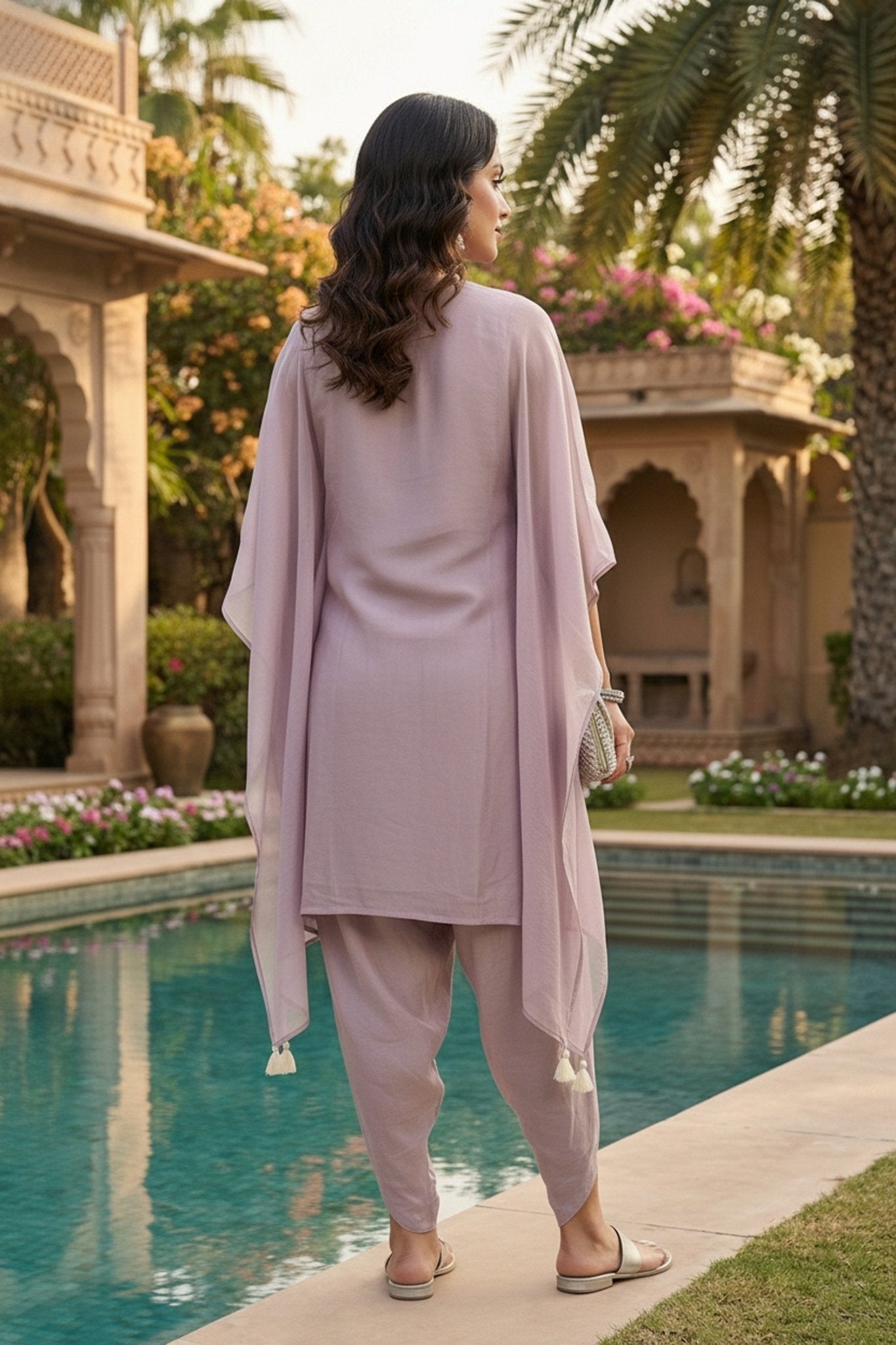 Lilac Satin Kaftan Co-ord Set with Dhoti Pants - Freyaa USA & Canada