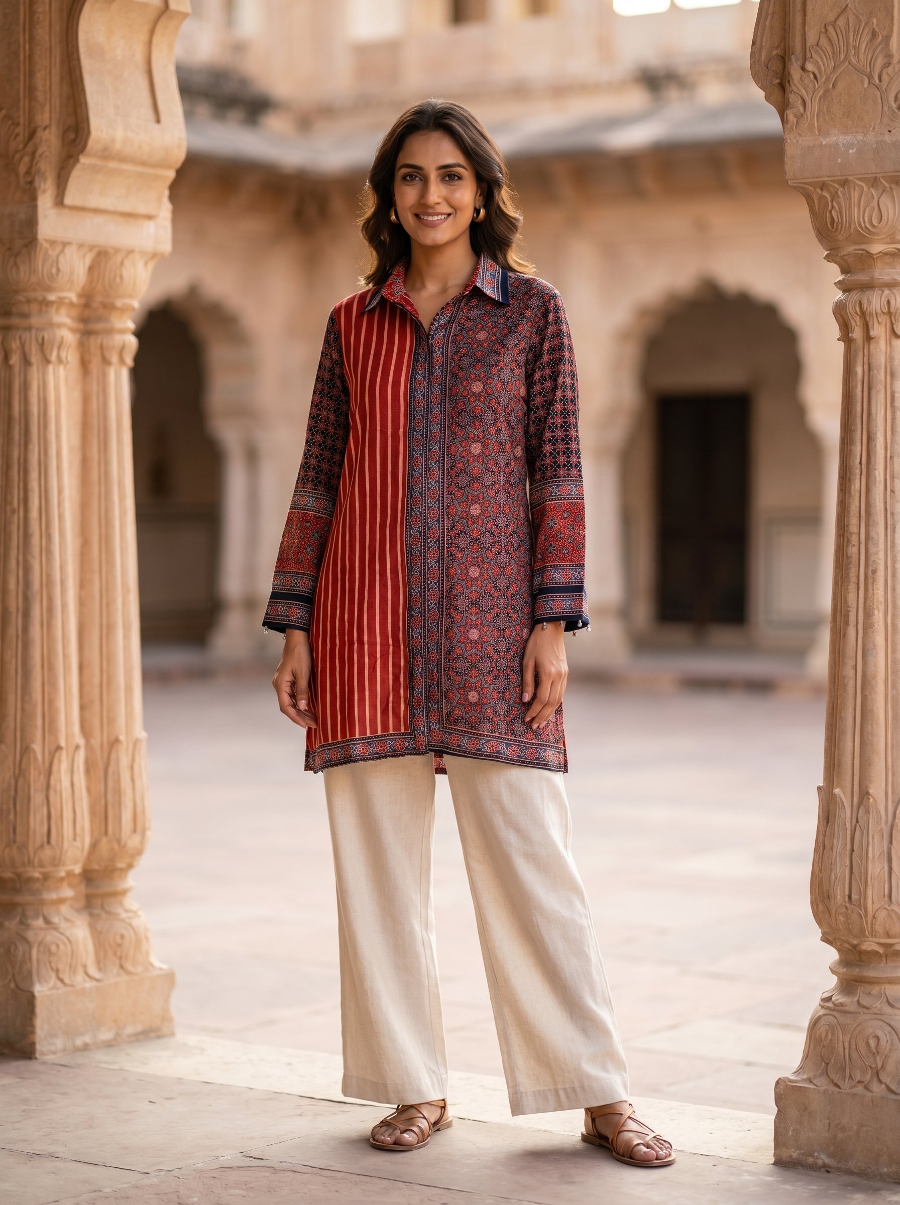 Rich Maroon Red Ajarak Print Crepe Shirt