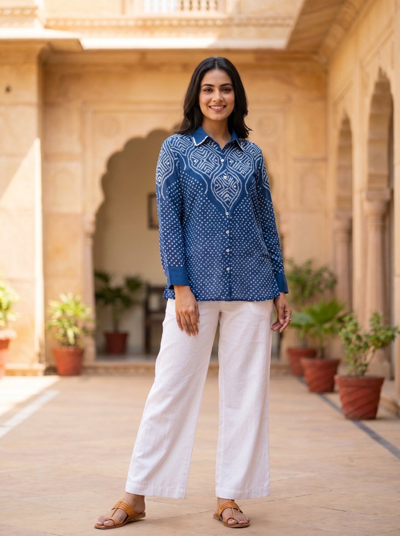 Rich Blue Bhandhi Crepe Shirt - Freyaa USA & Canada