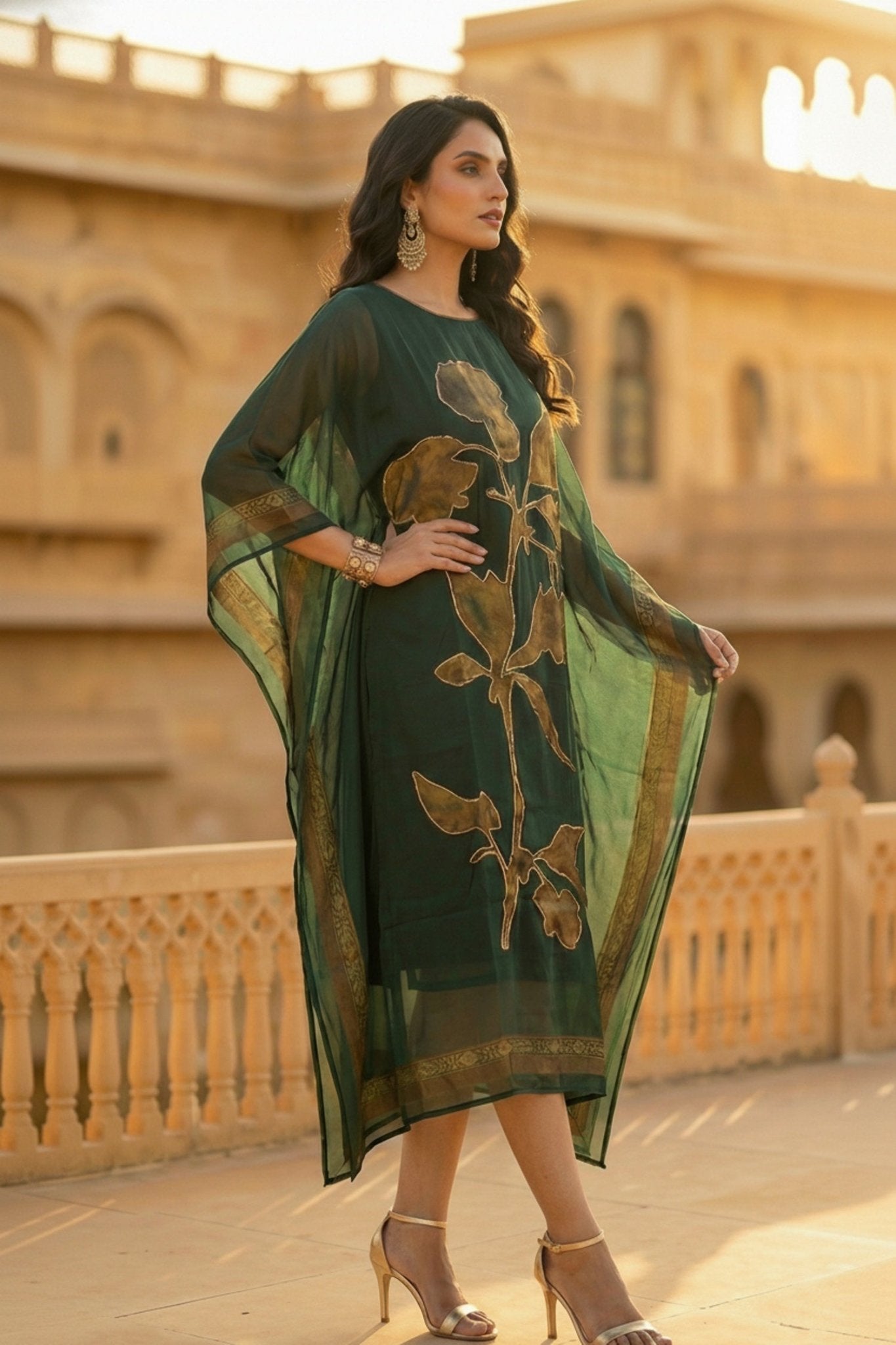 Bottle Green Embroidered Viscose Long Kaftan - Freyaa USA & Canada