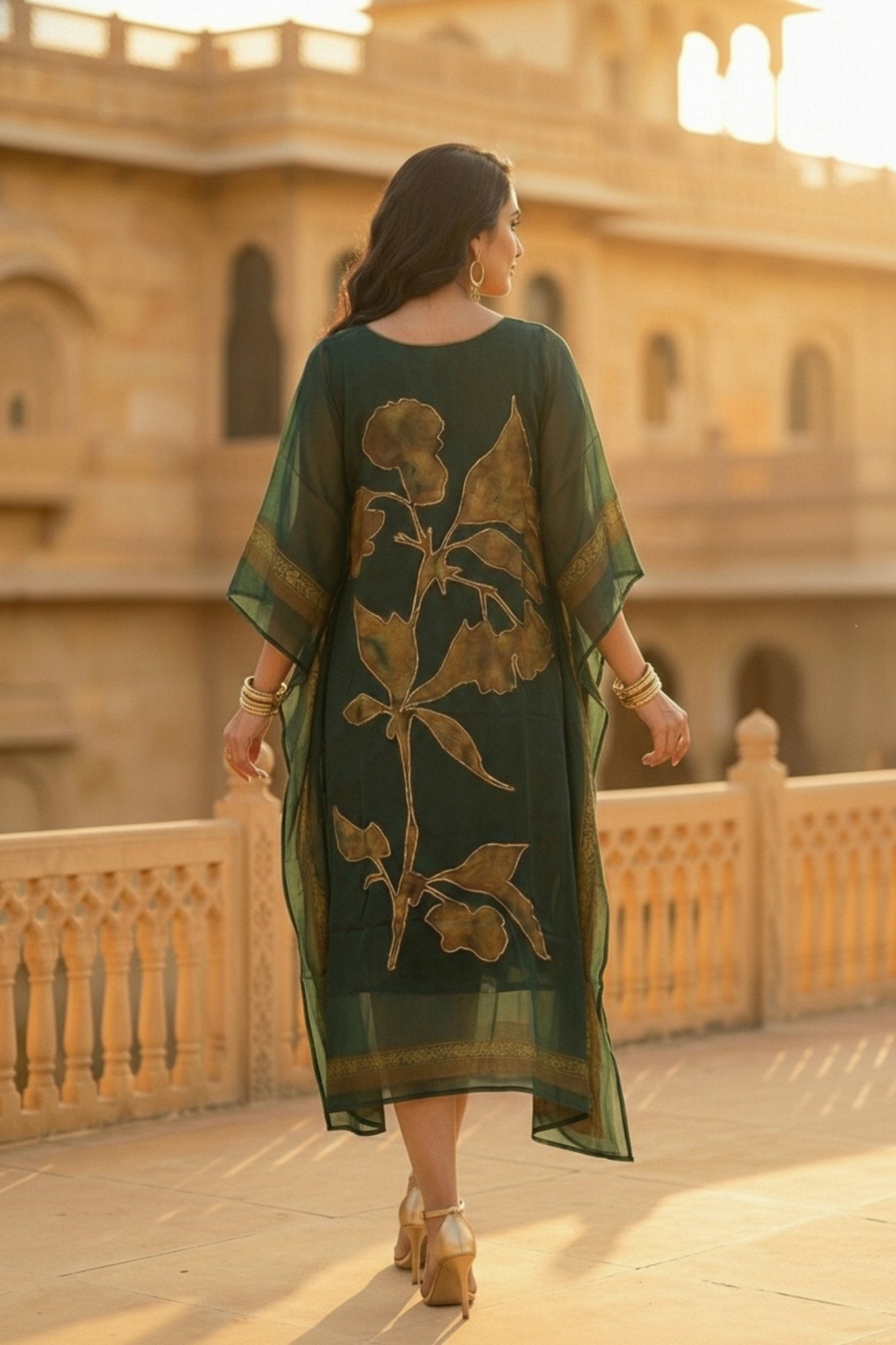 Bottle Green Embroidered Viscose Long Kaftan - Freyaa USA & Canada