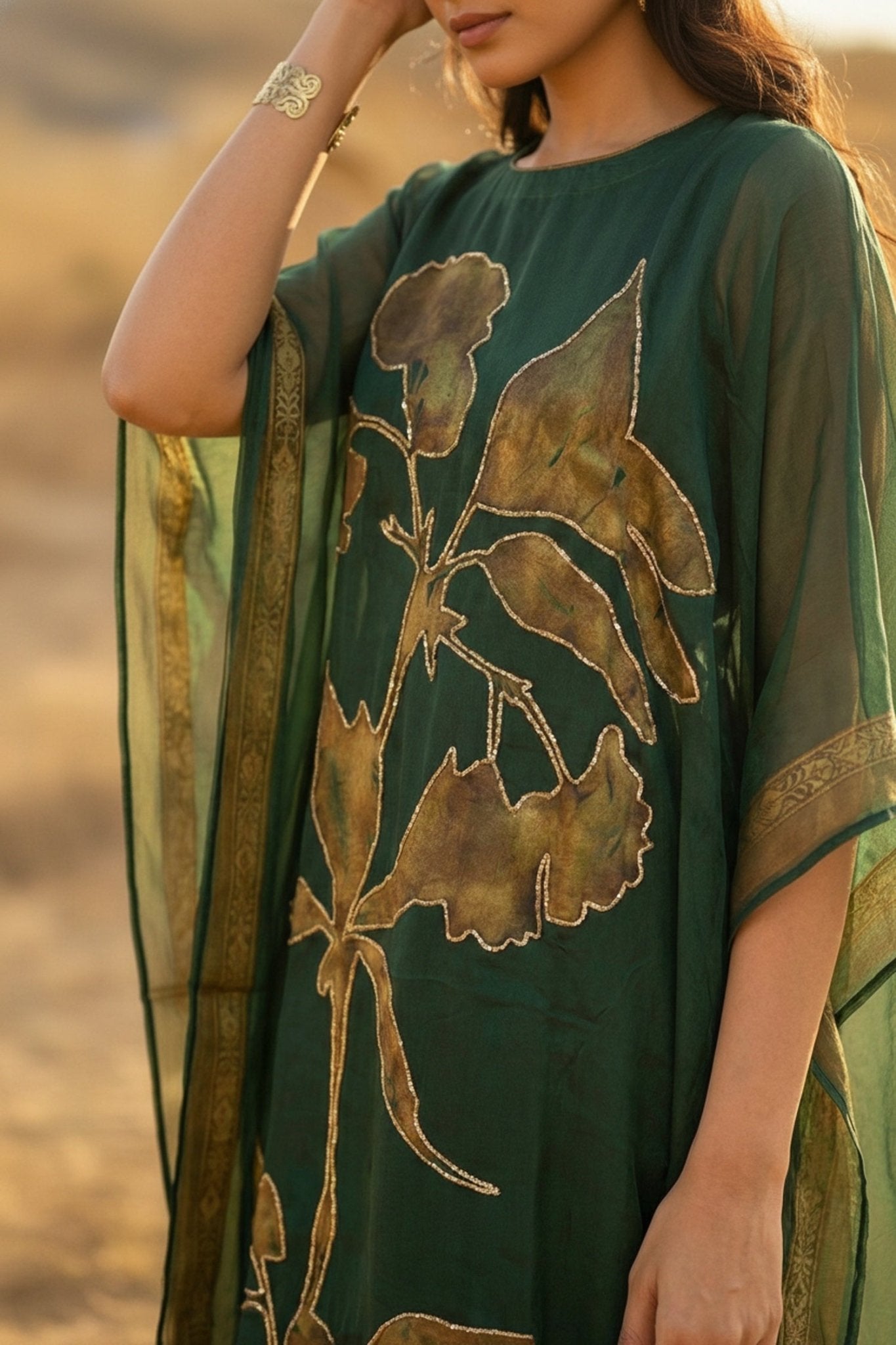 Bottle Green Embroidered Viscose Long Kaftan - Freyaa USA & Canada