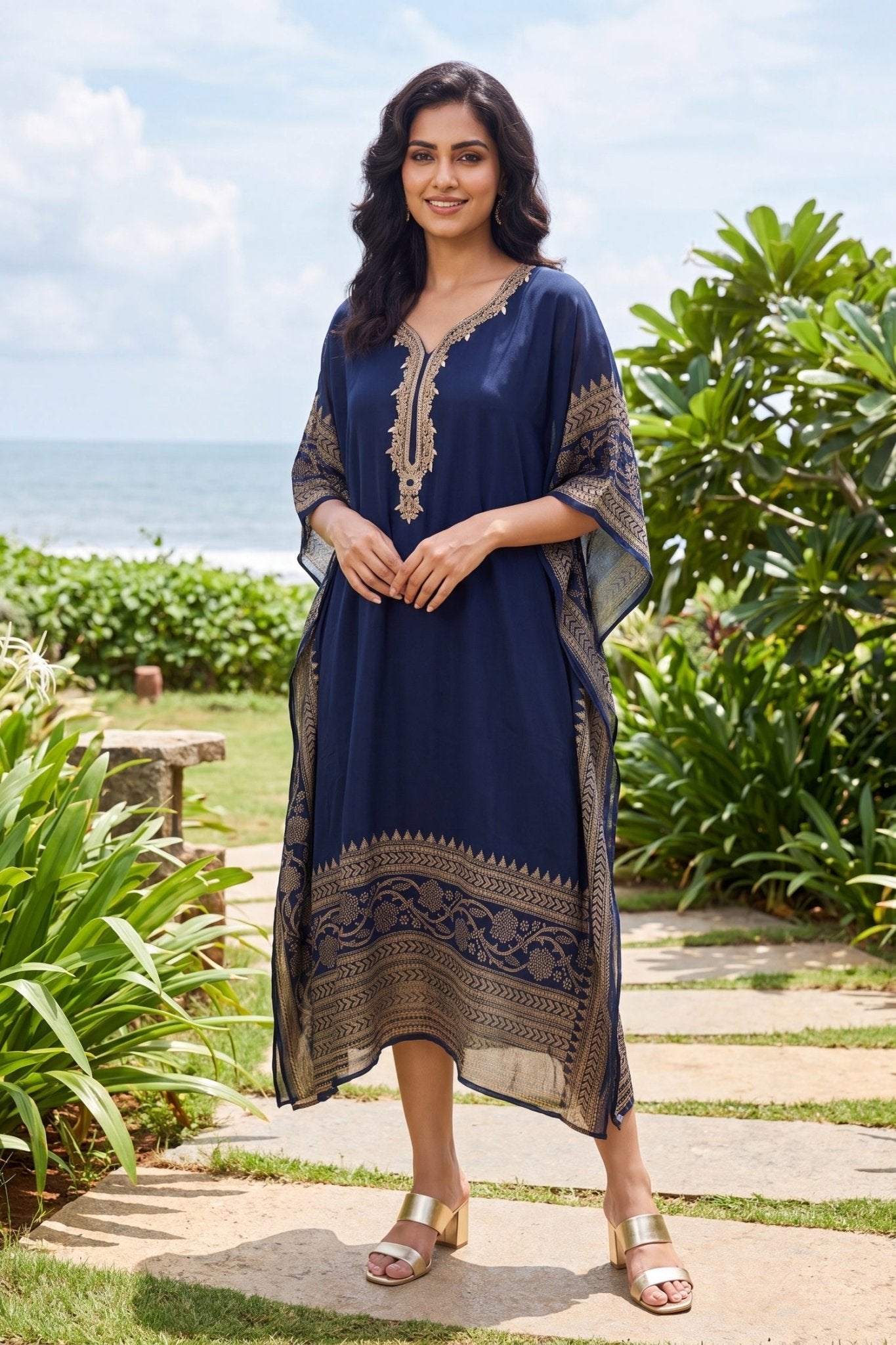 Gold Hand Embroidery Digital Print Border Navy Blue Kaftan - Freyaa USA & Canada