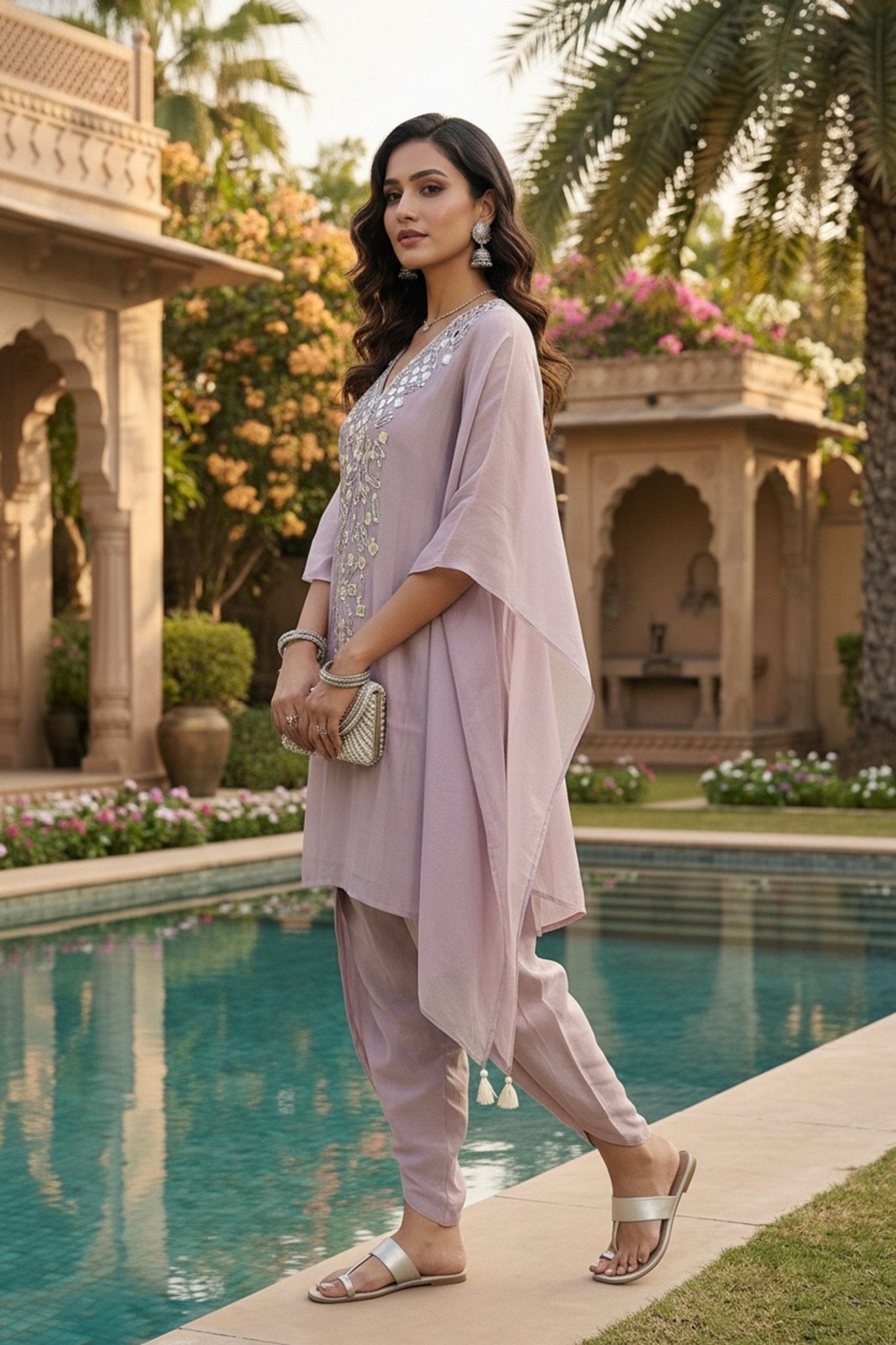 Lilac Satin Kaftan Co-ord Set with Dhoti Pants - Freyaa USA & Canada
