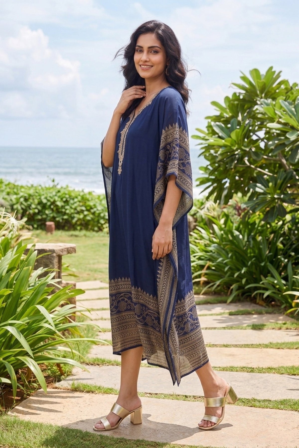 Gold Hand Embroidery Digital Print Border Navy Blue Kaftan - Freyaa USA & Canada