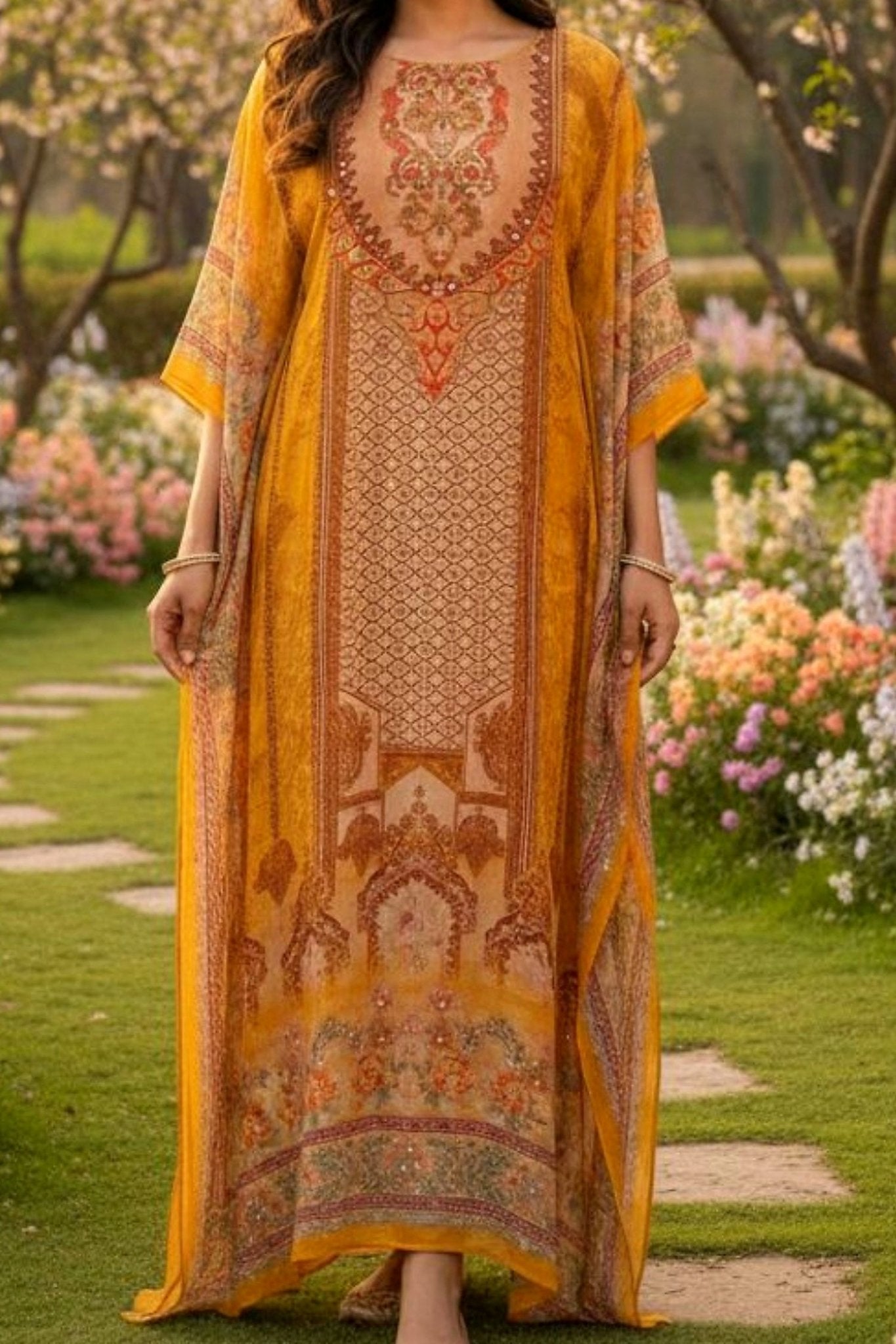 Golden Grace Long Printed Kaftan - Freyaa USA & Canada